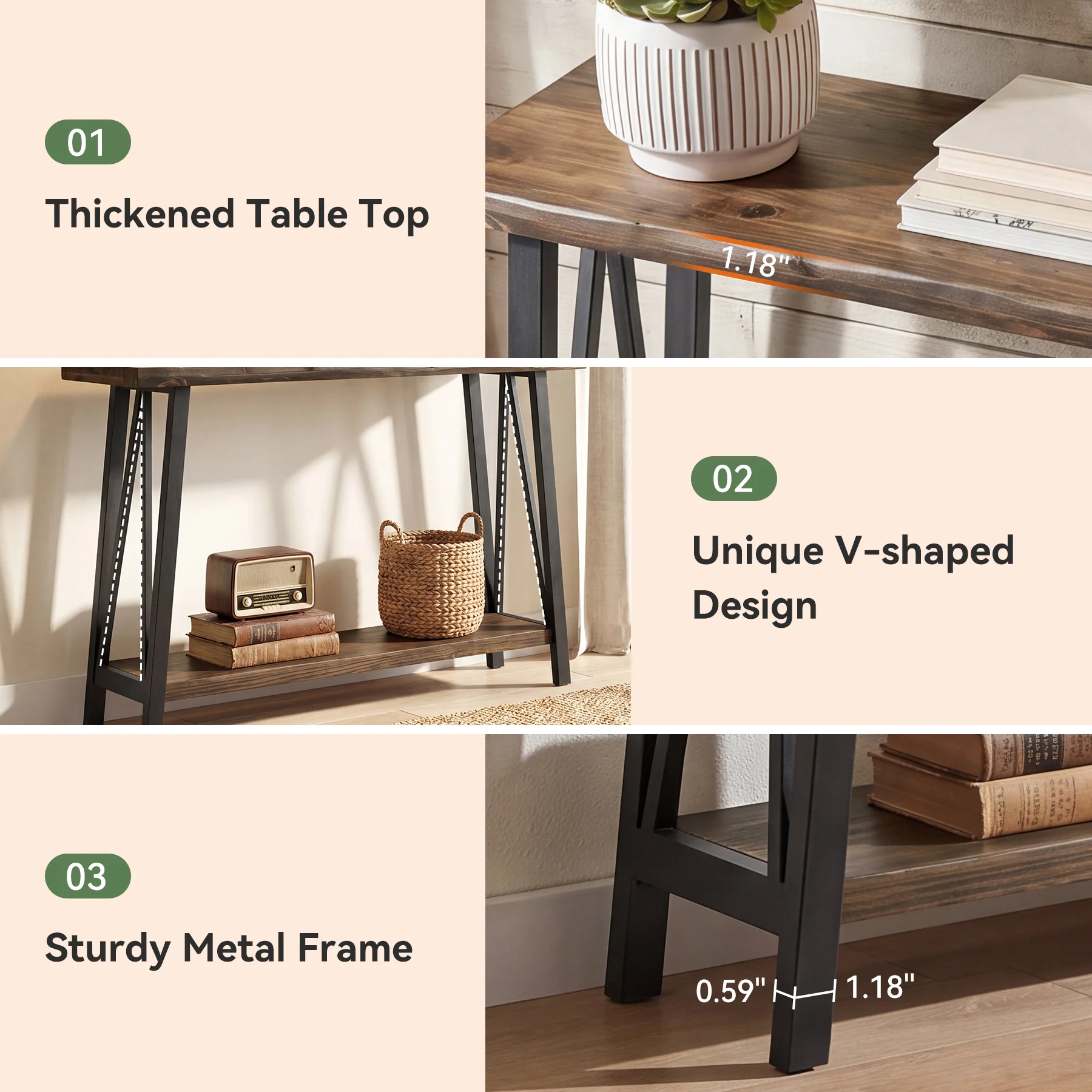 41.3" Live-Edge Solid Wood Console Table, 2-Tier Entryway Table with Metal Frame - Image 8