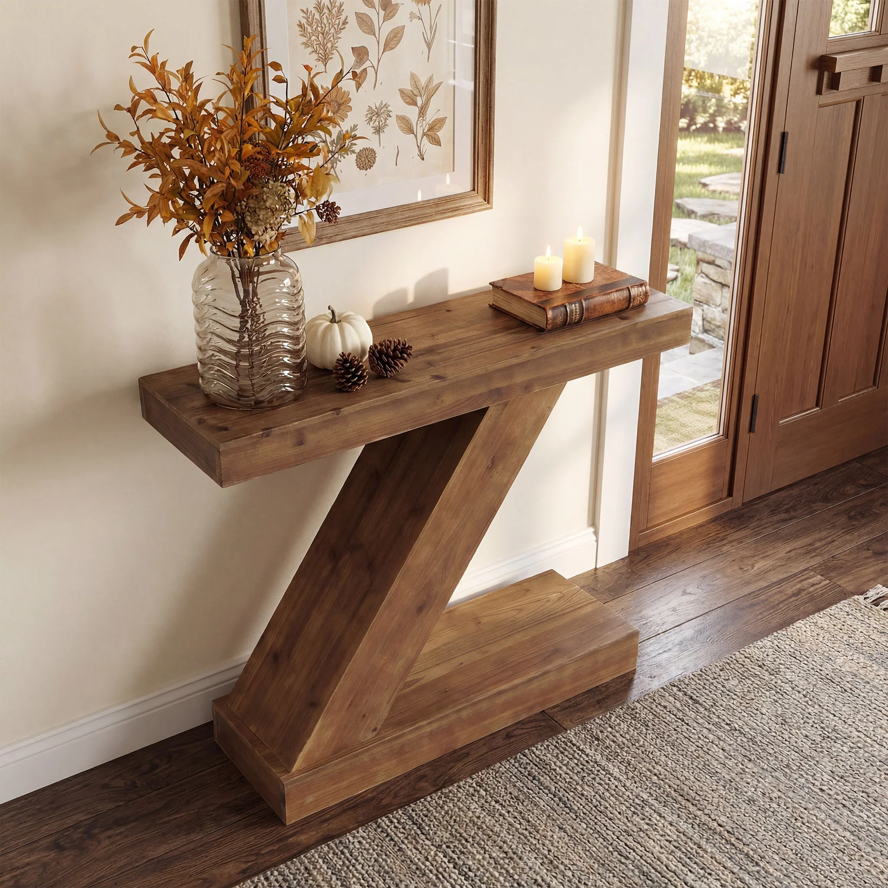 41.3” Solid Wood Z-Shape Console Table, Modern Narrow Entryway Sofa Table for Living Room or Hallway - Image 3