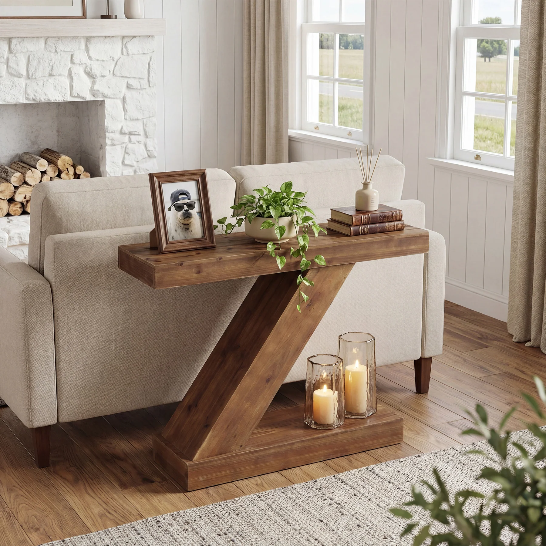 41.3” Solid Wood Z-Shape Console Table, Modern Narrow Entryway Sofa Table for Living Room or Hallway - Image 5
