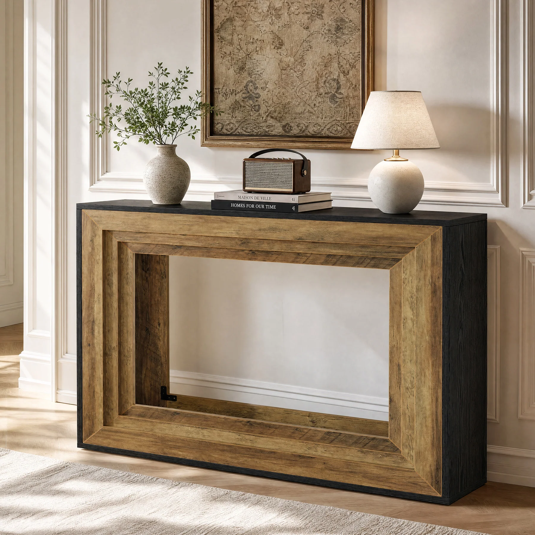 41.4" Narrow Console Table, Entryway Table with Open Storage, Vintage Wood & Matte Black Finish