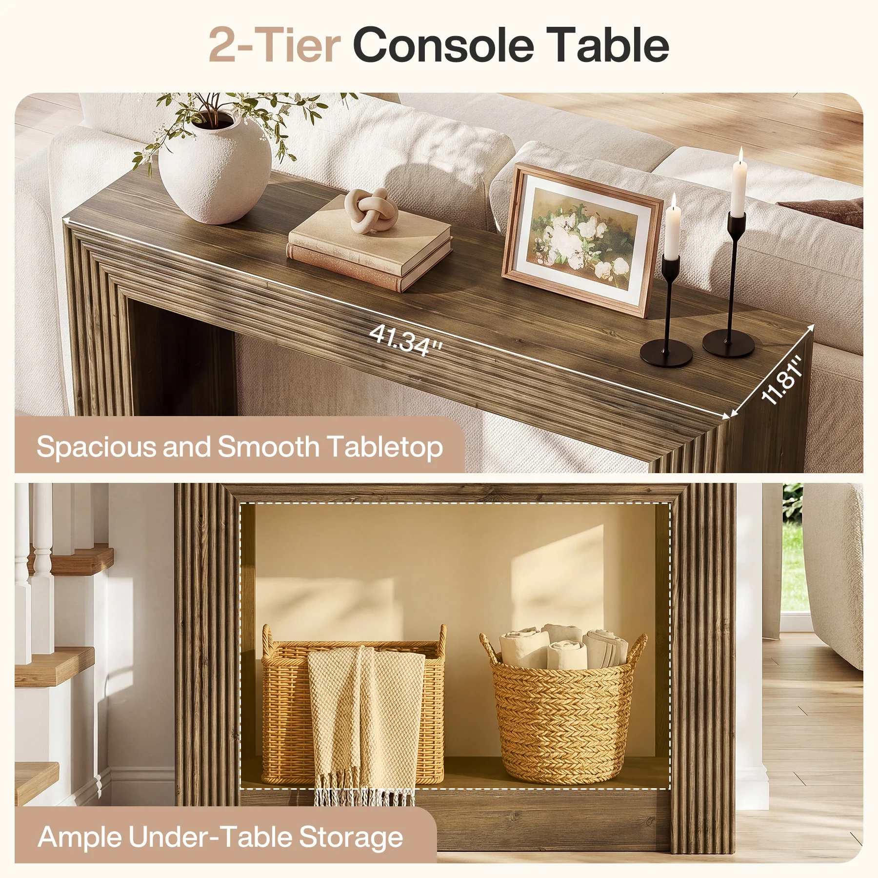 41" Farmhouse Console Table with Storage, Narrow 2-Tier Sofa Table for Entryway or Behind Couch - Image 7