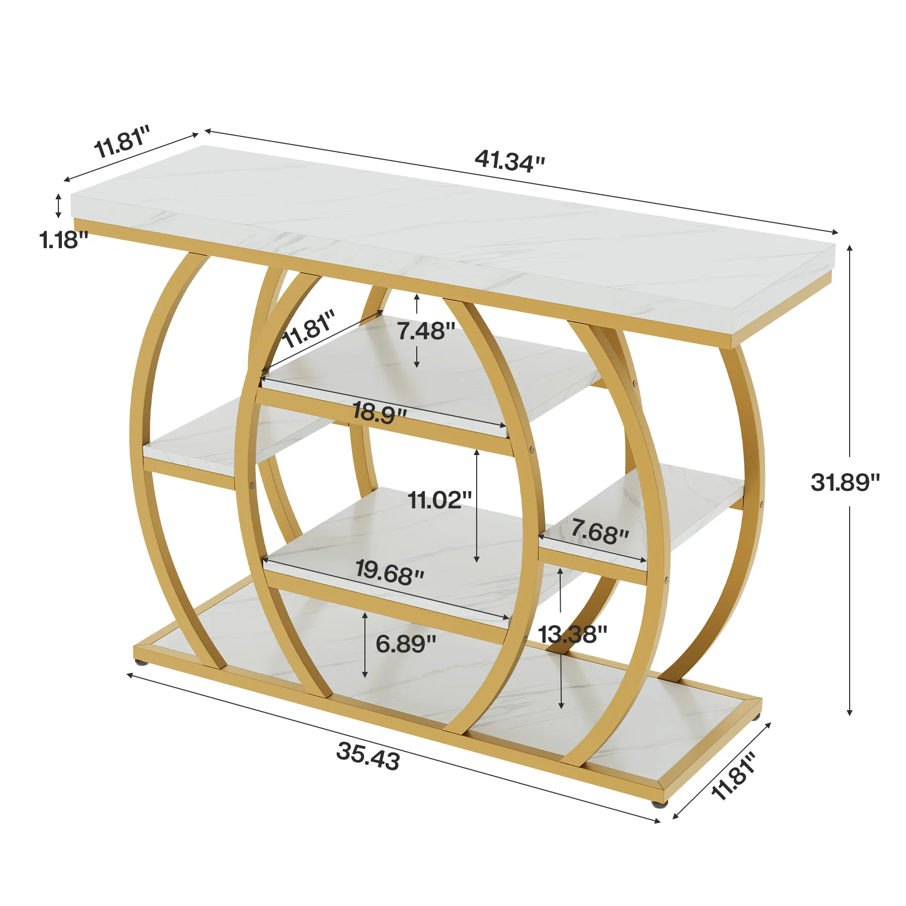 41" Gold Entryway Console Table with Faux Marble Top, Narrow Sofa Table with 5-Tier Storage Shelves - Image 2