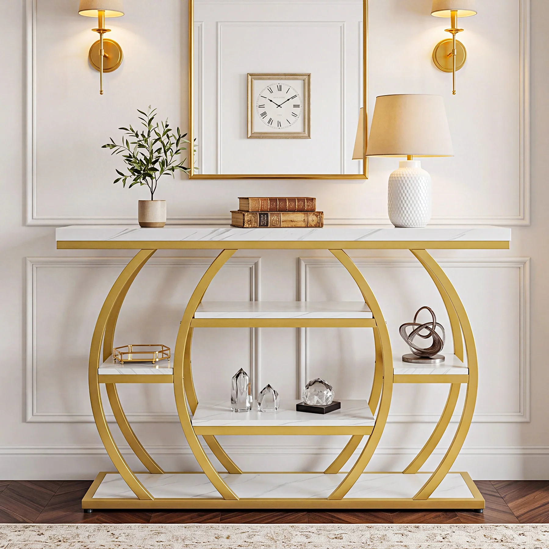 41" Gold Entryway Console Table with Faux Marble Top, Narrow Sofa Table with 5-Tier Storage Shelves - Image 3