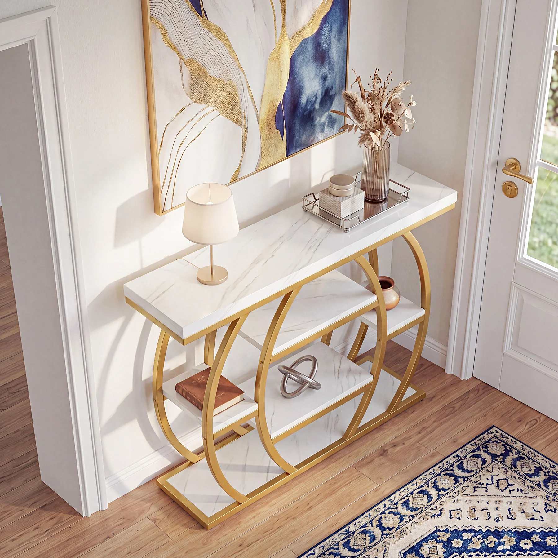 41" Gold Entryway Console Table with Faux Marble Top, Narrow Sofa Table with 5-Tier Storage Shelves - Image 4