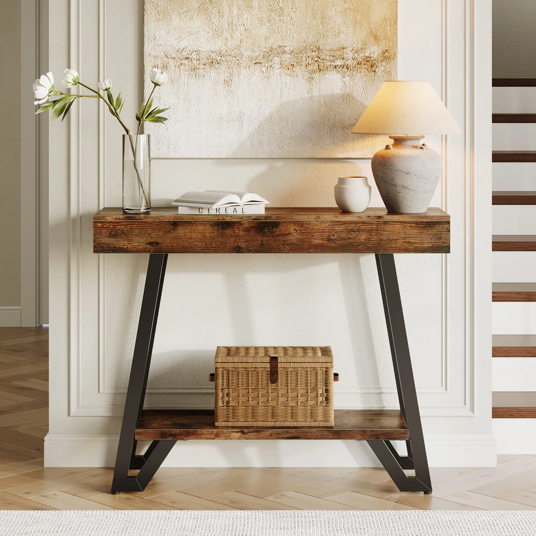41“ Industrial Console Table with Geometric Metal Frame, 2-Tier Rustic Entryway Sofa Table - Image 3