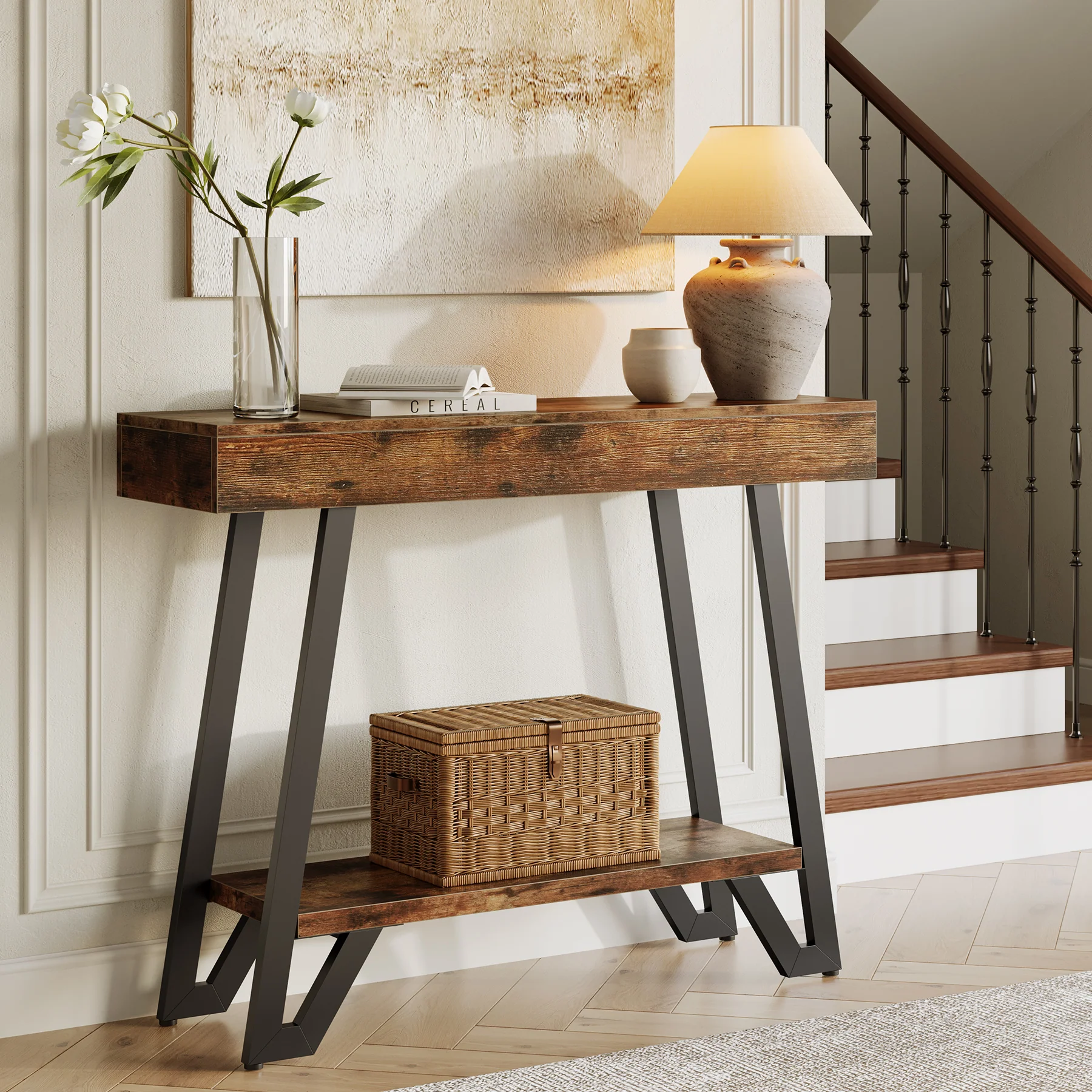 41“ Industrial Console Table with Geometric Metal Frame, 2-Tier Rustic Entryway Sofa Table - Image 4