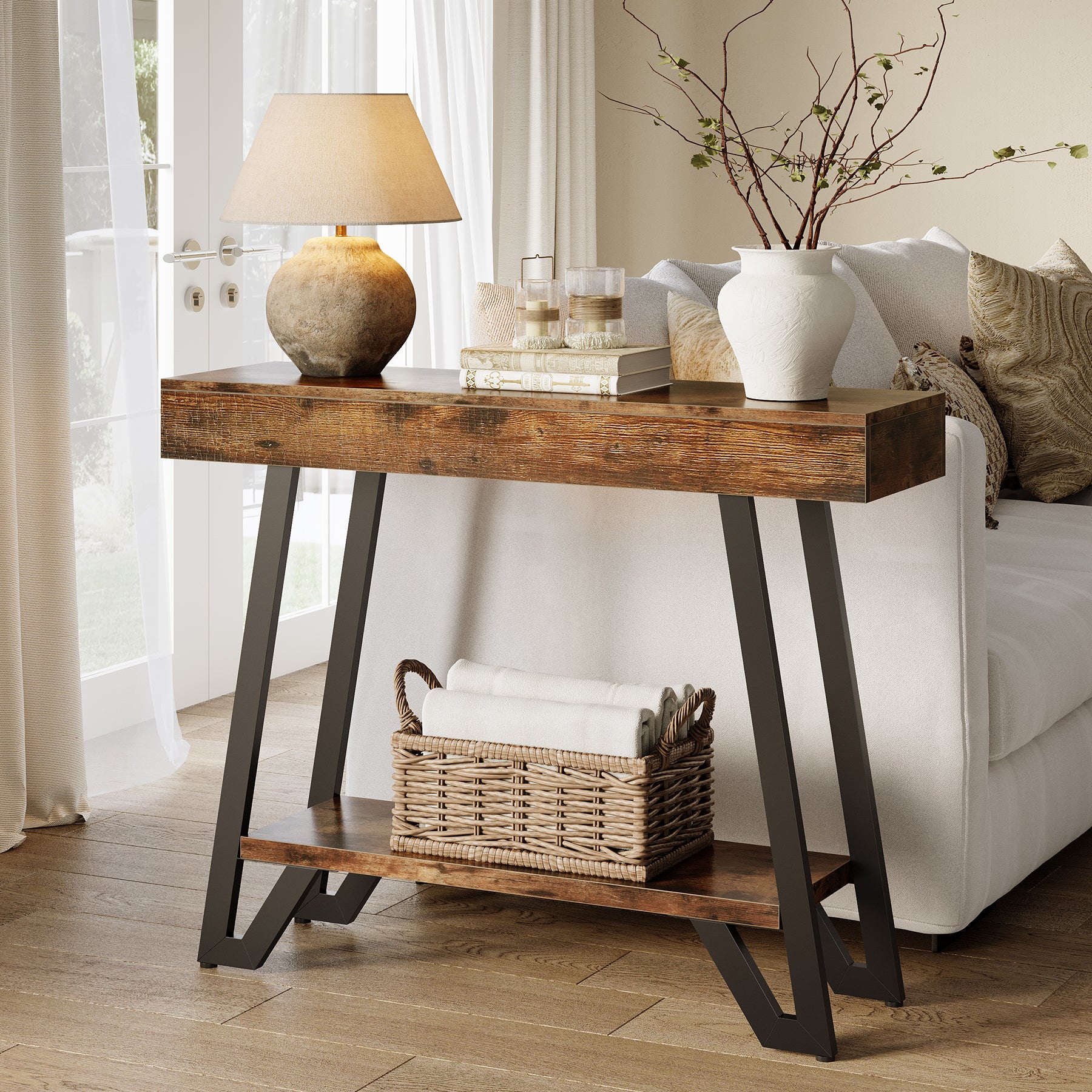 41“ Industrial Console Table with Geometric Metal Frame, 2-Tier Rustic Entryway Sofa Table - Image 5
