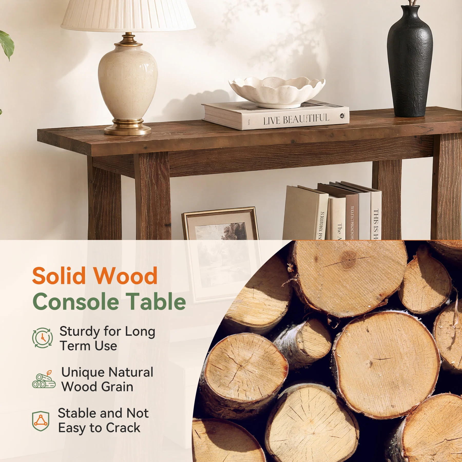 41" Solid Wood Console Table, 3-Tier Narrow Entryway Sofa Table for Living Room Hallway - Image 7