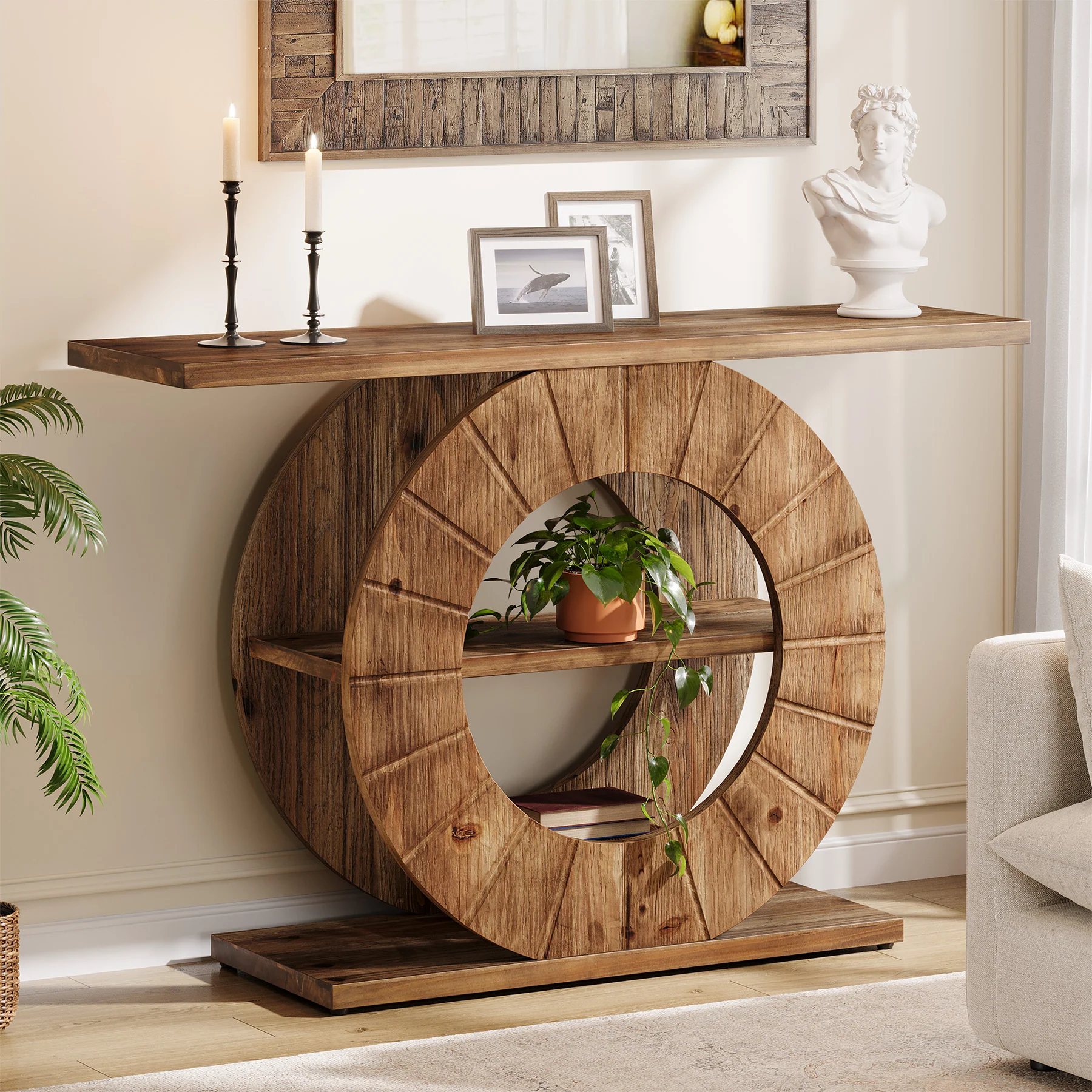 41" Solid Wood Farmhouse Console Table with 3-Tier Shelves, Narrow Sofa Table with Carved Circular Base - Image 3