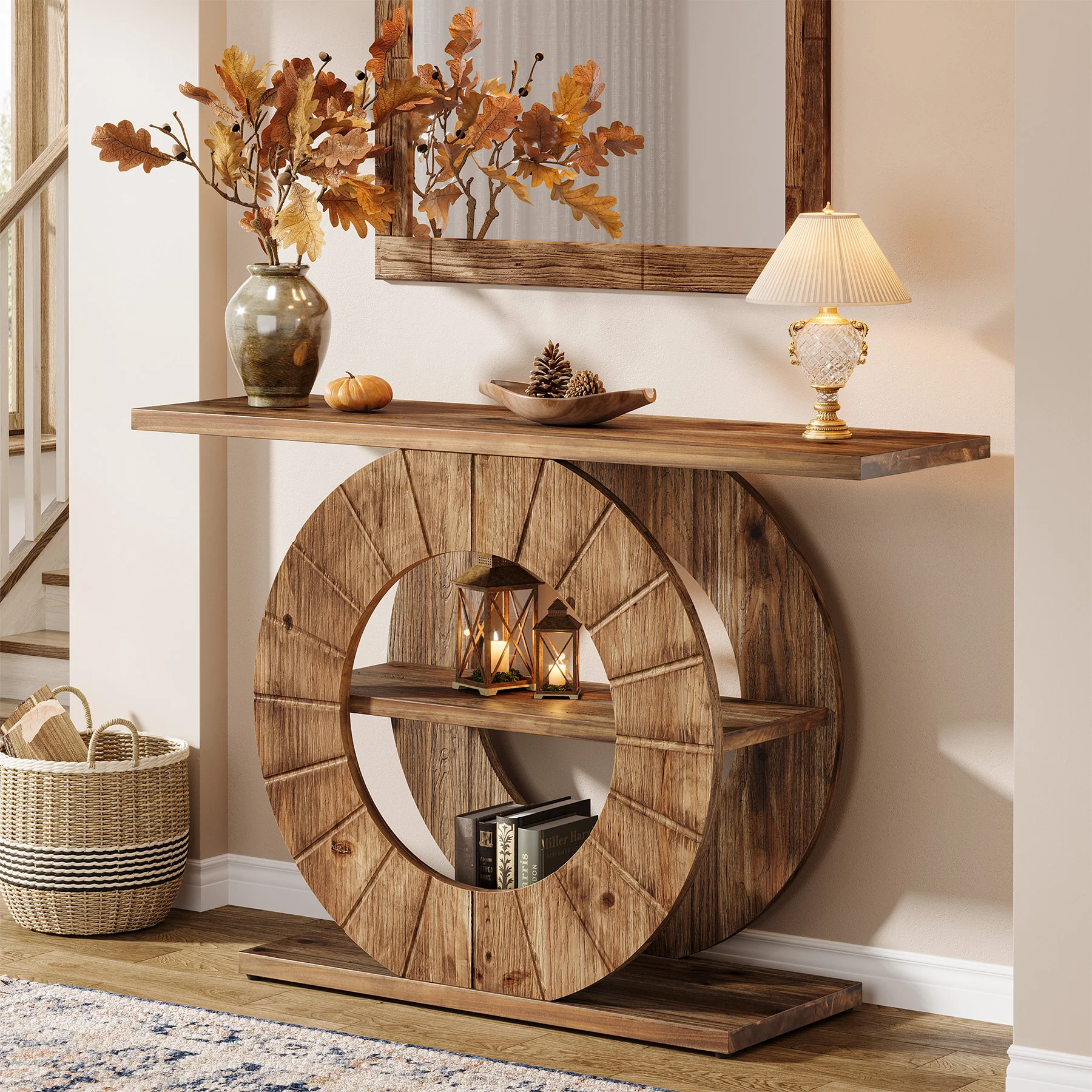 41" Solid Wood Farmhouse Console Table with 3-Tier Shelves, Narrow Sofa Table with Carved Circular Base - Image 4