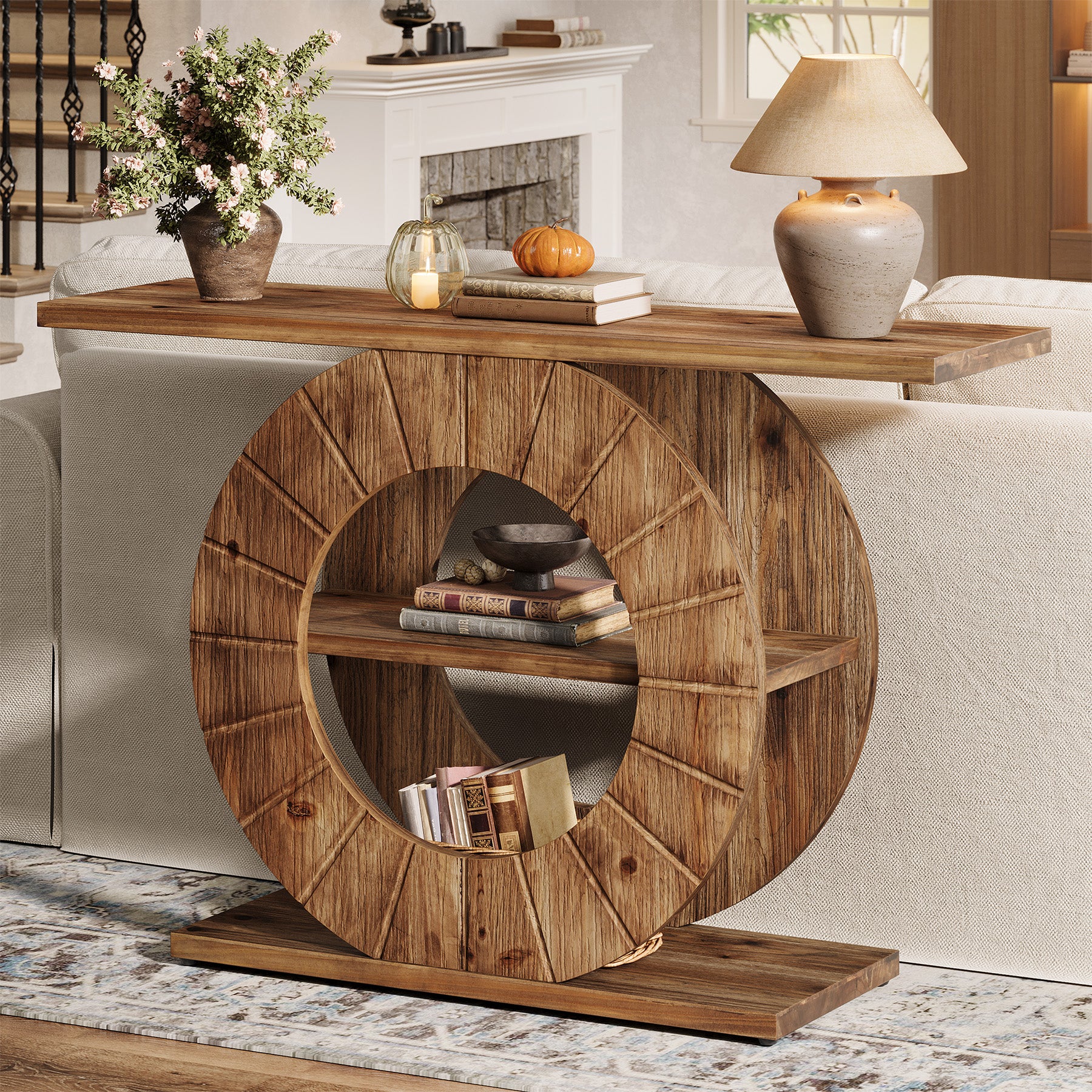 41" Solid Wood Farmhouse Console Table with 3-Tier Shelves, Narrow Sofa Table with Carved Circular Base - Image 5