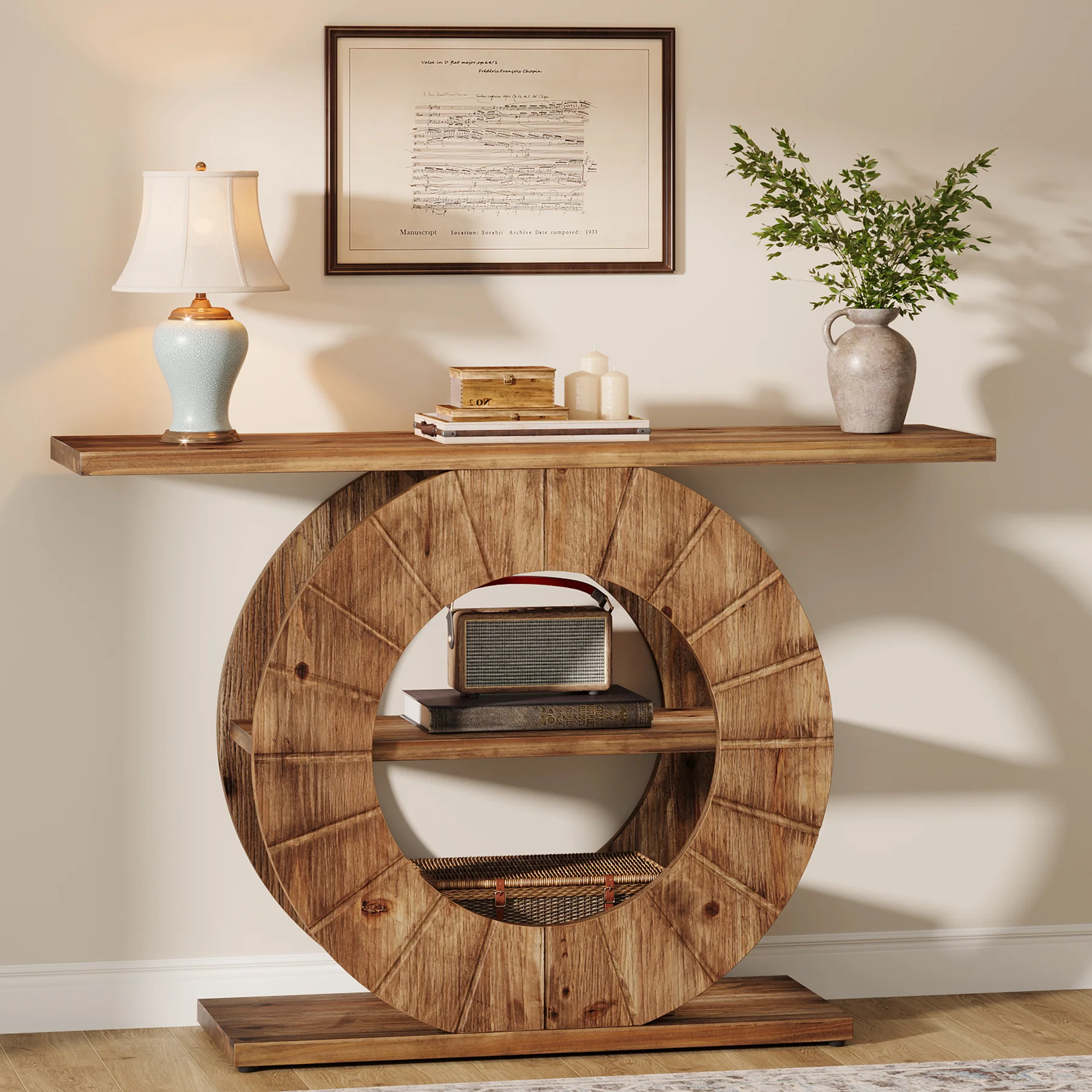 41" Solid Wood Farmhouse Console Table with 3-Tier Shelves, Narrow Sofa Table with Carved Circular Base - Image 6