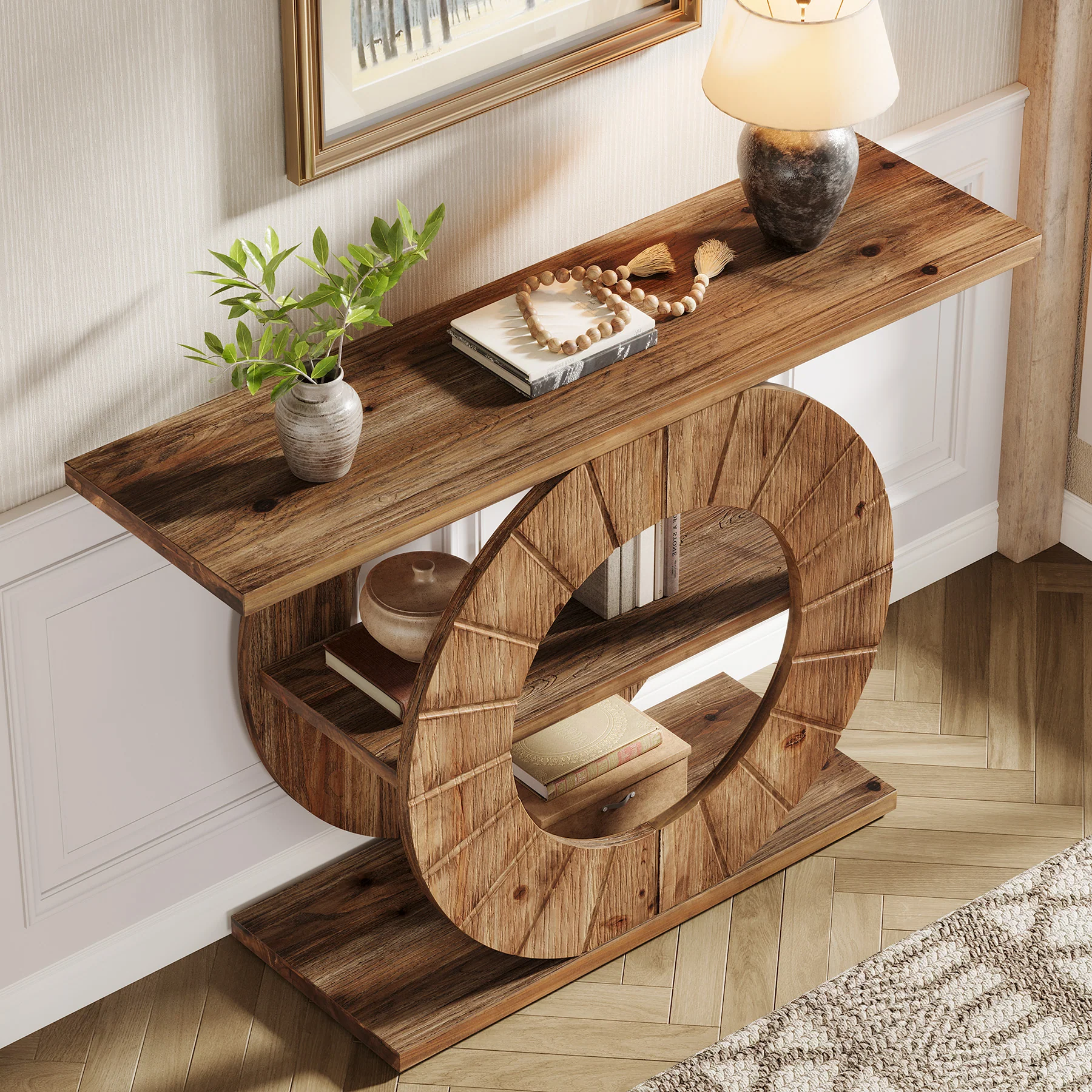 41" Solid Wood Farmhouse Console Table with 3-Tier Shelves, Narrow Sofa Table with Carved Circular Base - Image 7