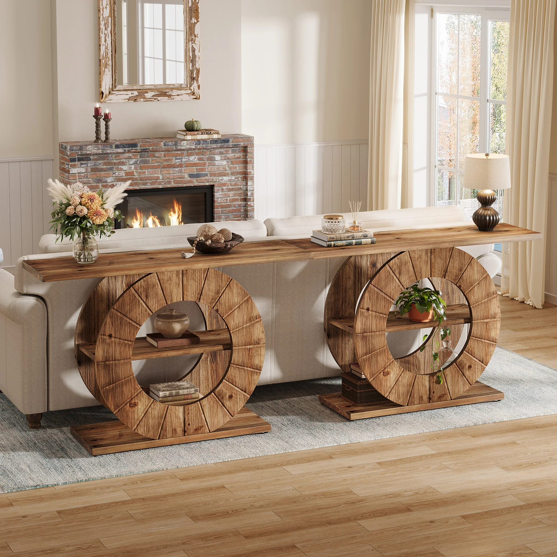 41" Solid Wood Farmhouse Console Table with 3-Tier Shelves, Narrow Sofa Table with Carved Circular Base - Image 8
