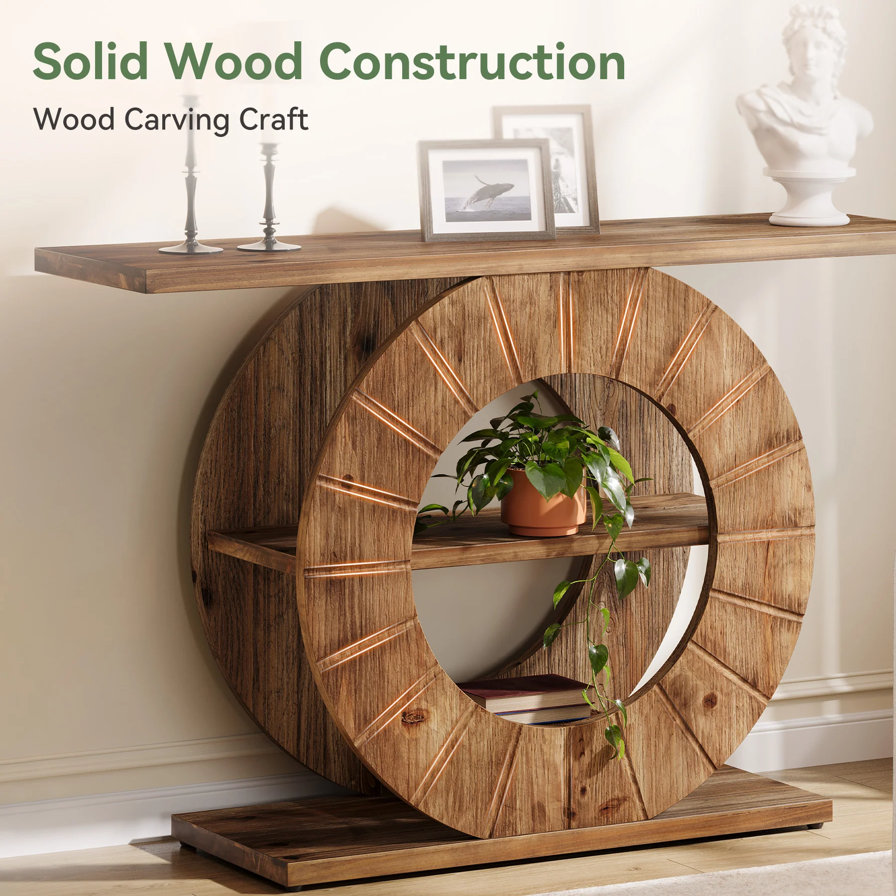41" Solid Wood Farmhouse Console Table with 3-Tier Shelves, Narrow Sofa Table with Carved Circular Base - Image 9
