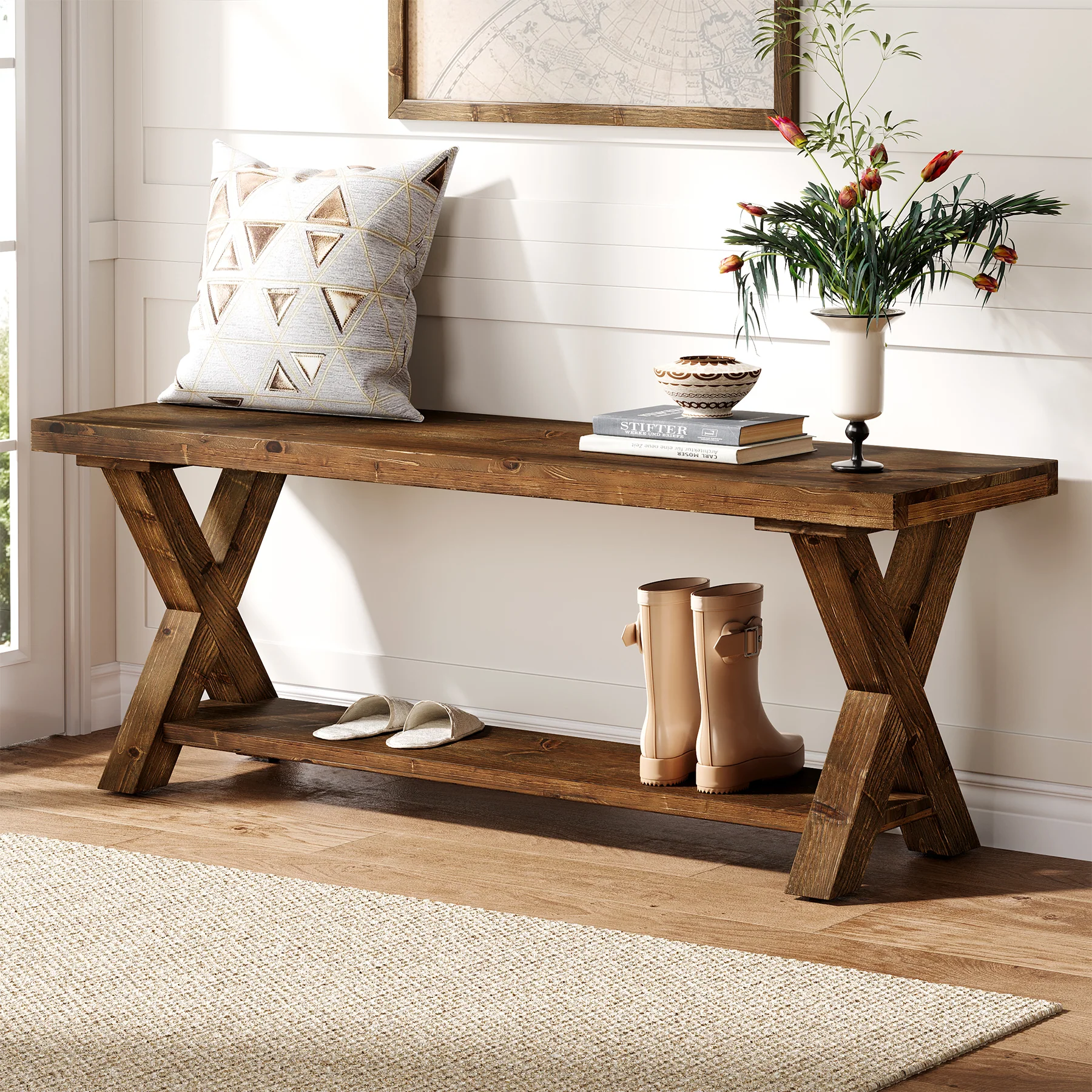 43.3" Solid Wood Bench, Farmhouse Entryway Bench with Storage Shelf