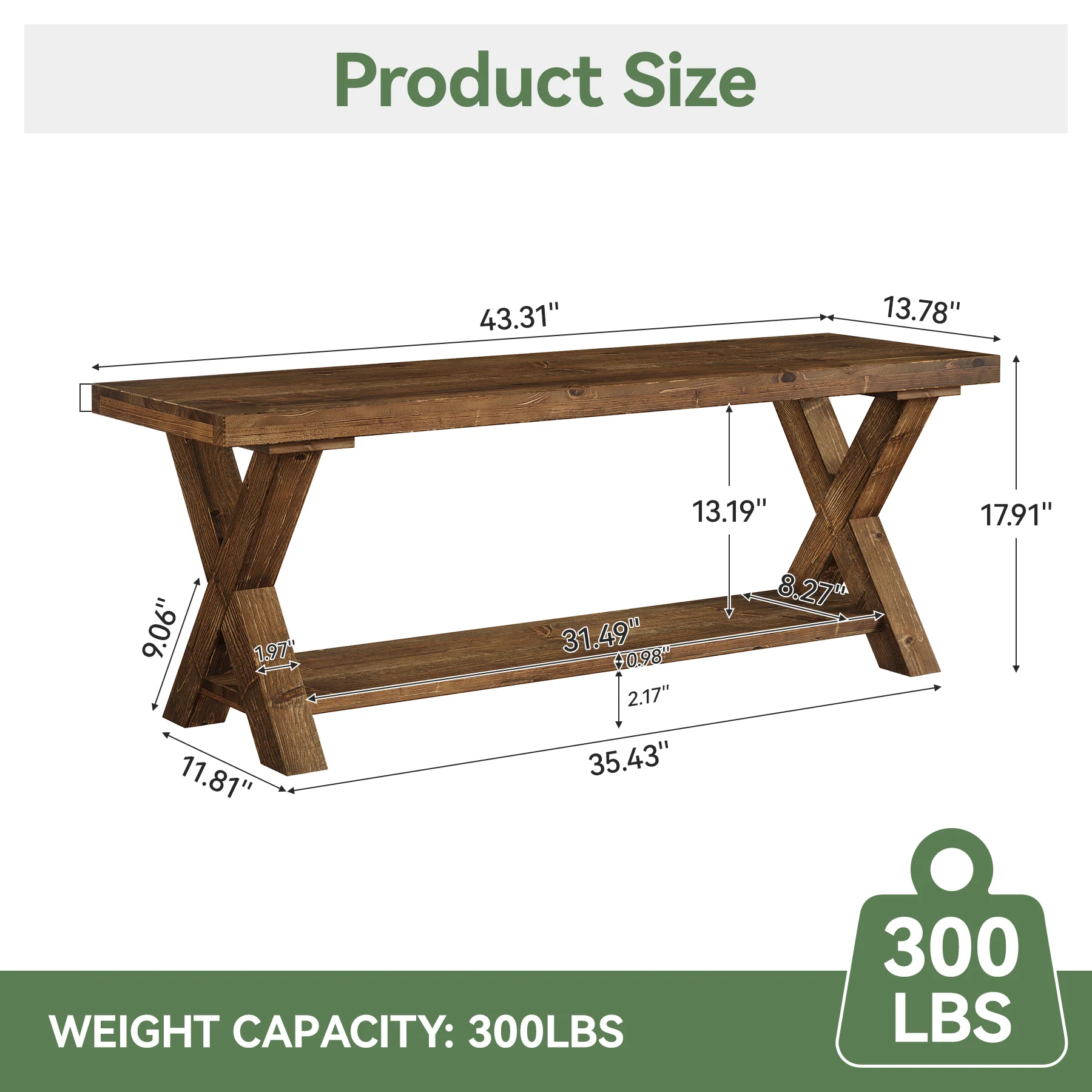 43.3" Solid Wood Bench, Farmhouse Entryway Bench with Storage Shelf - Image 2