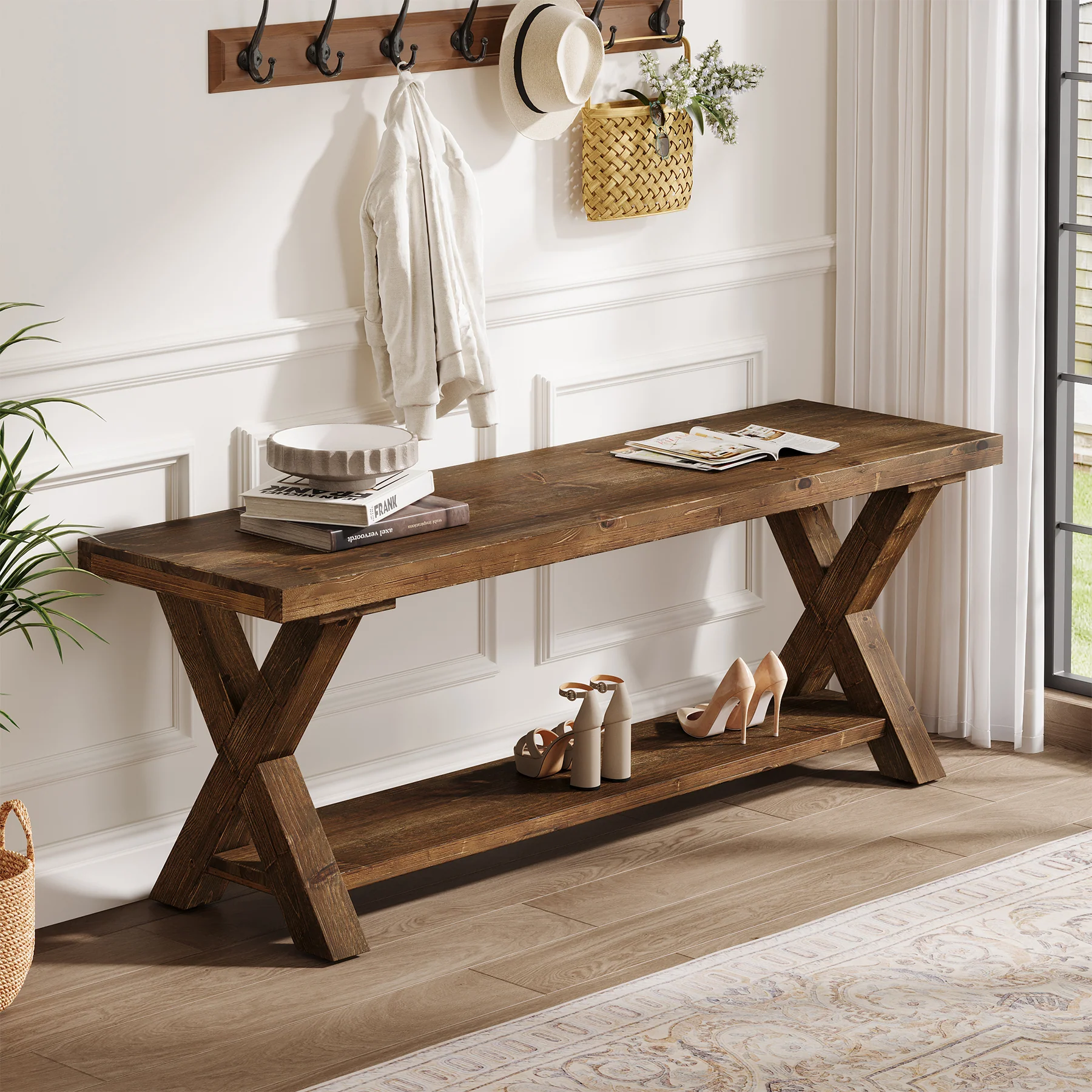 43.3" Solid Wood Bench, Farmhouse Entryway Bench with Storage Shelf - Image 3