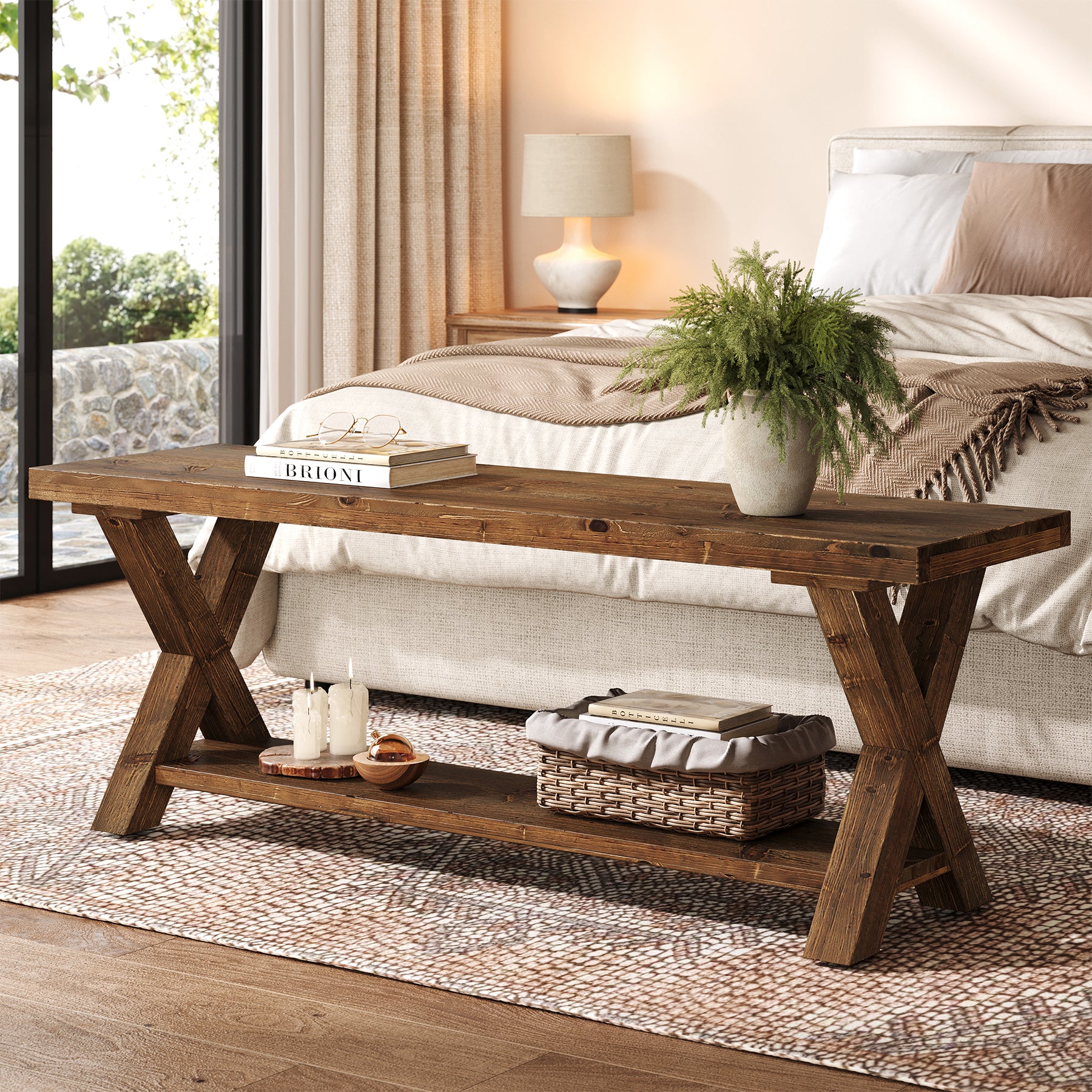 43.3" Solid Wood Bench, Farmhouse Entryway Bench with Storage Shelf - Image 4