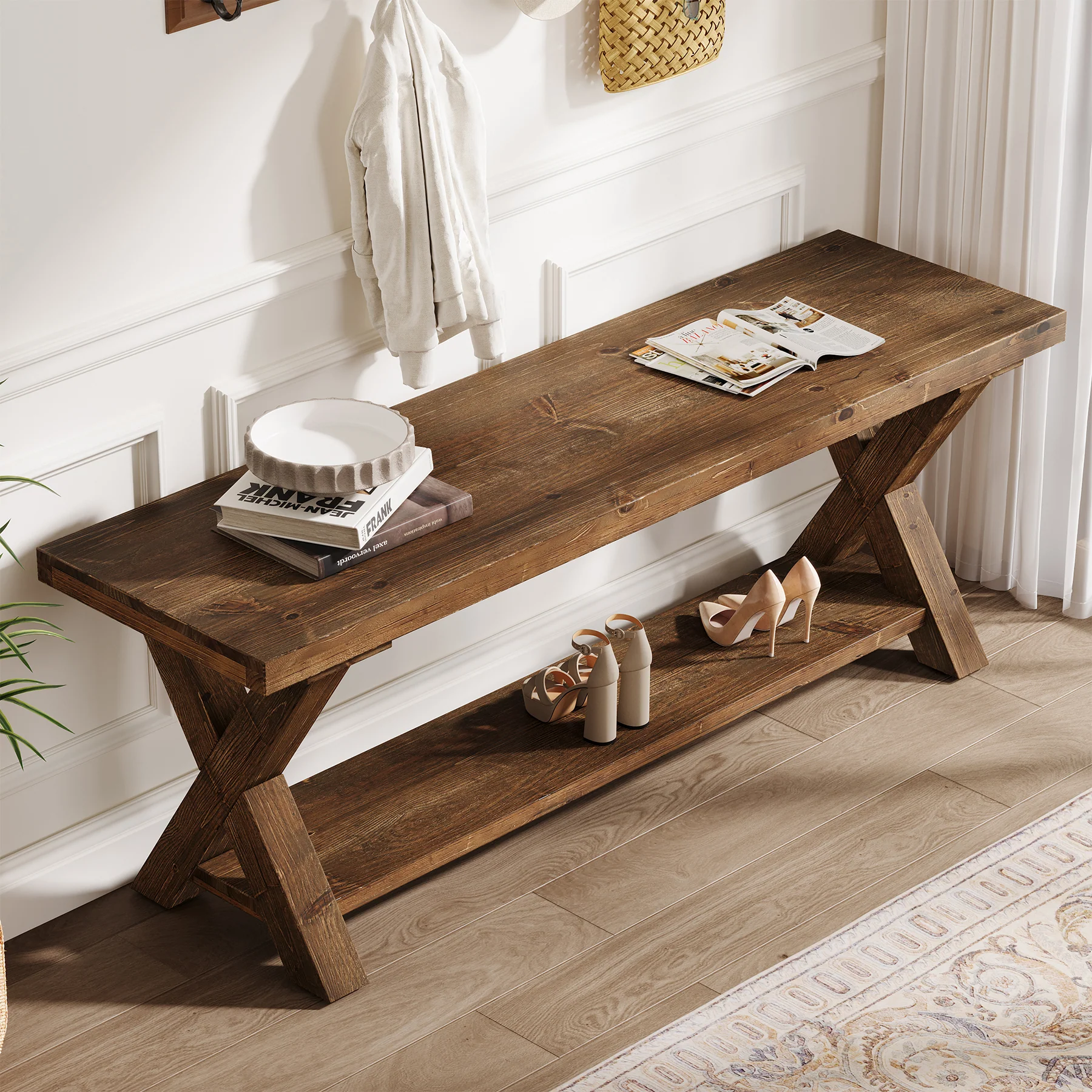 43.3" Solid Wood Bench, Farmhouse Entryway Bench with Storage Shelf - Image 5