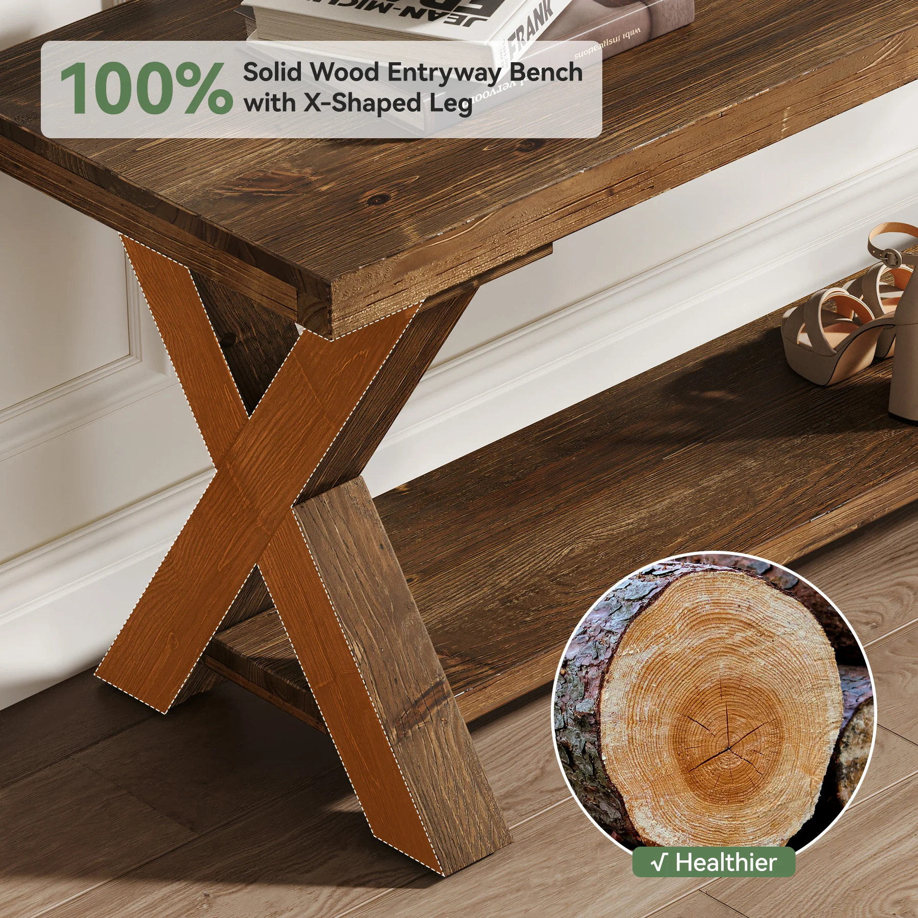 43.3" Solid Wood Bench, Farmhouse Entryway Bench with Storage Shelf - Image 6