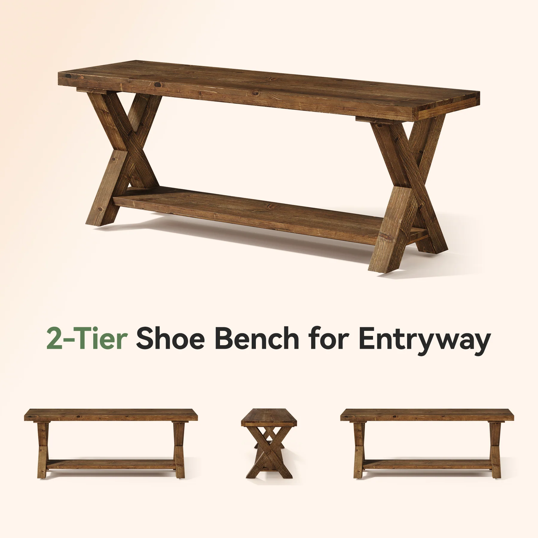 43.3" Solid Wood Bench, Farmhouse Entryway Bench with Storage Shelf - Image 7
