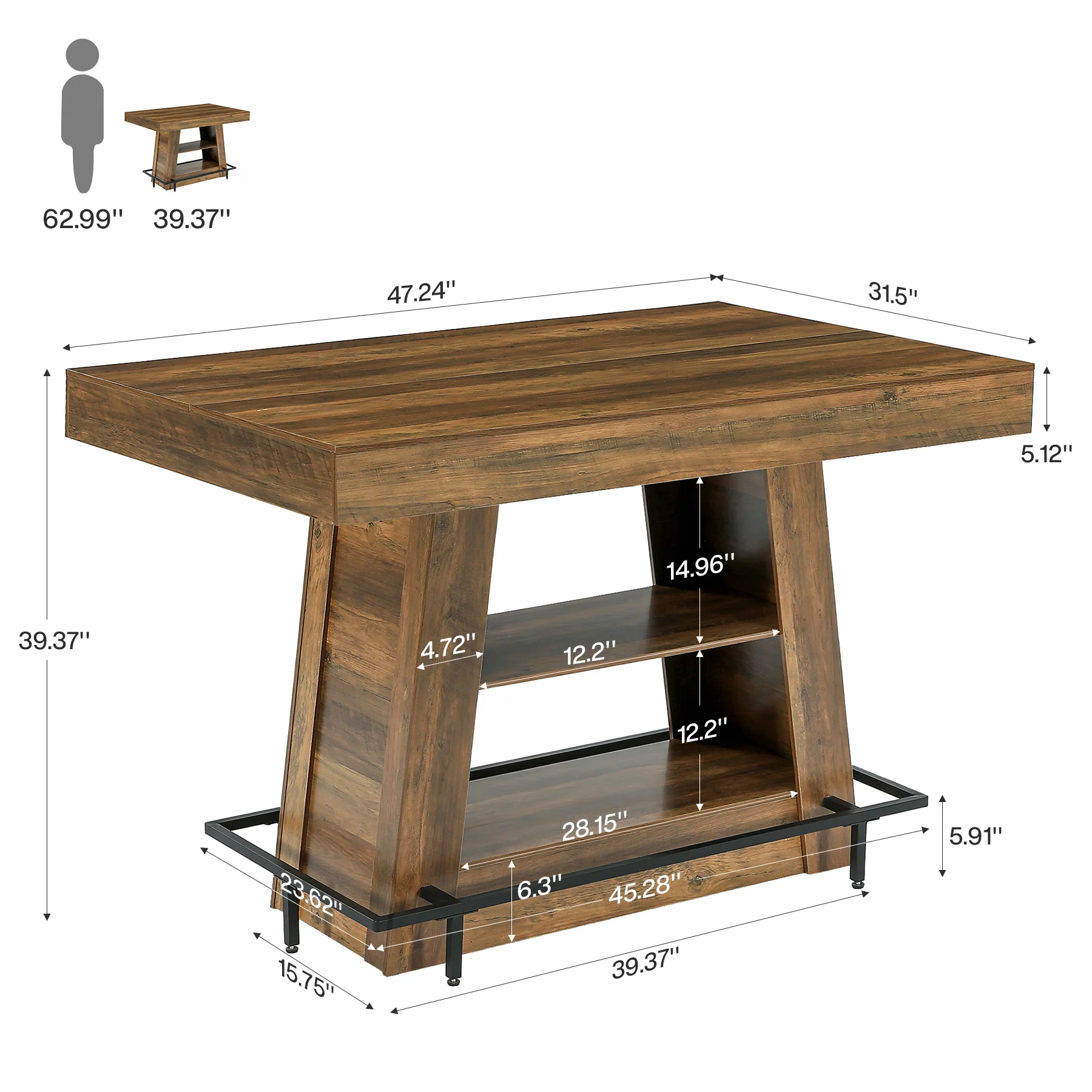 47.2" Rectangular Bar Table, Counter Height Bistro Table with 2-Tier Open Storage Shelves - Image 2