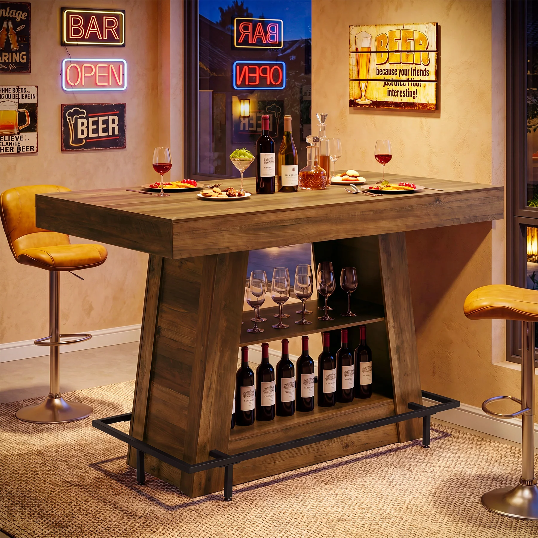 47.2" Rectangular Bar Table, Counter Height Bistro Table with 2-Tier Open Storage Shelves - Image 3