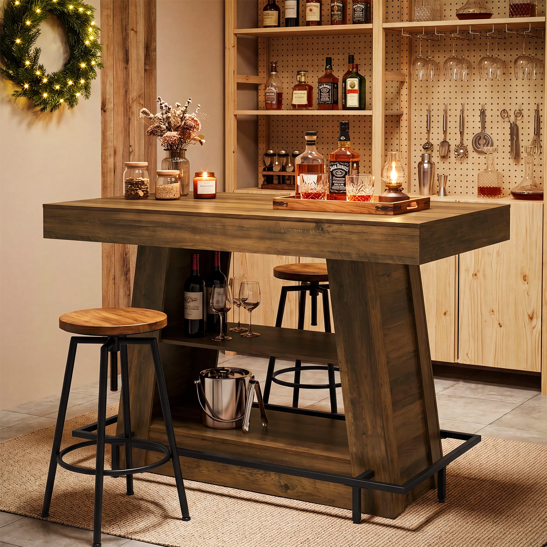 47.2" Rectangular Bar Table, Counter Height Bistro Table with 2-Tier Open Storage Shelves - Image 4