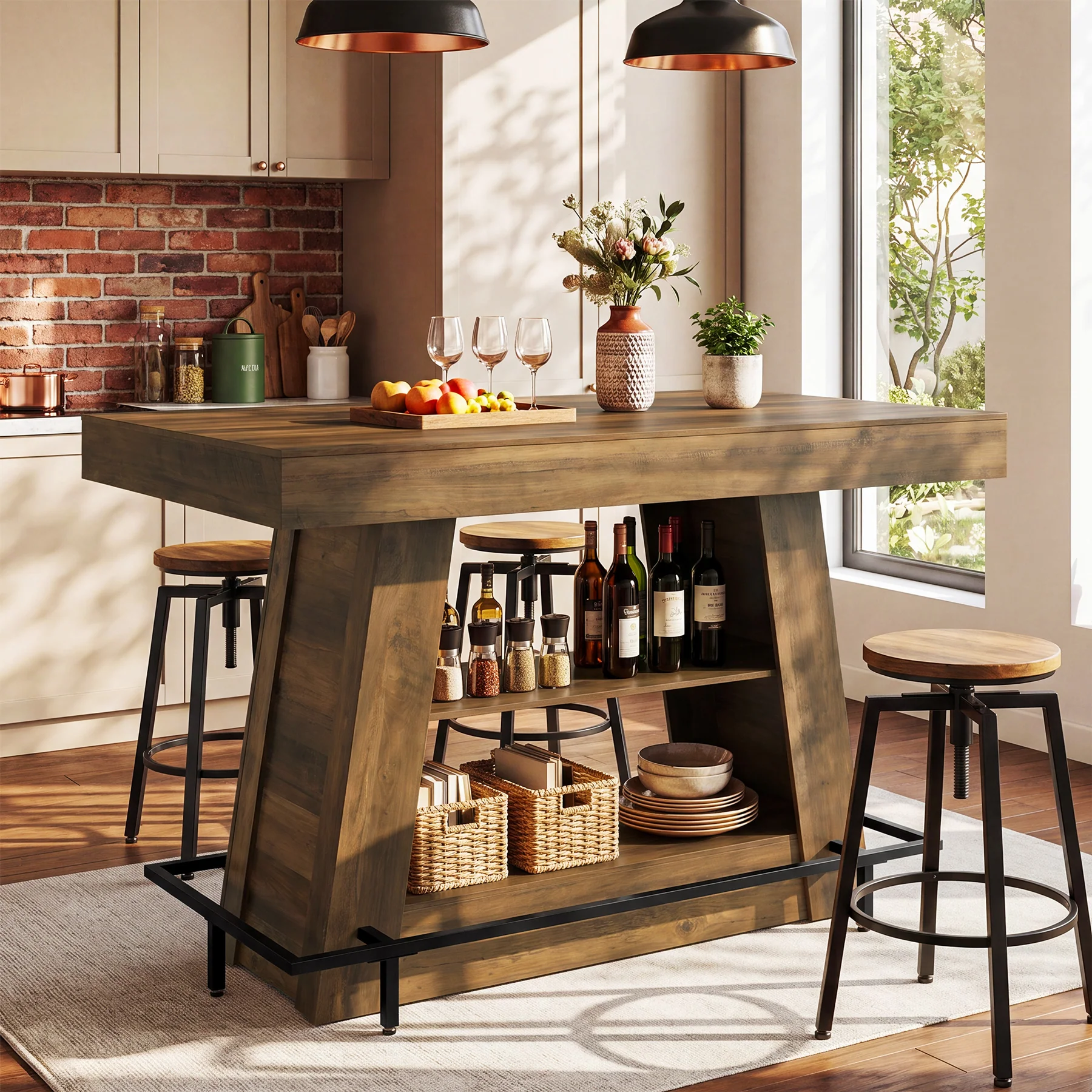 47.2" Rectangular Bar Table, Counter Height Bistro Table with 2-Tier Open Storage Shelves - Image 5