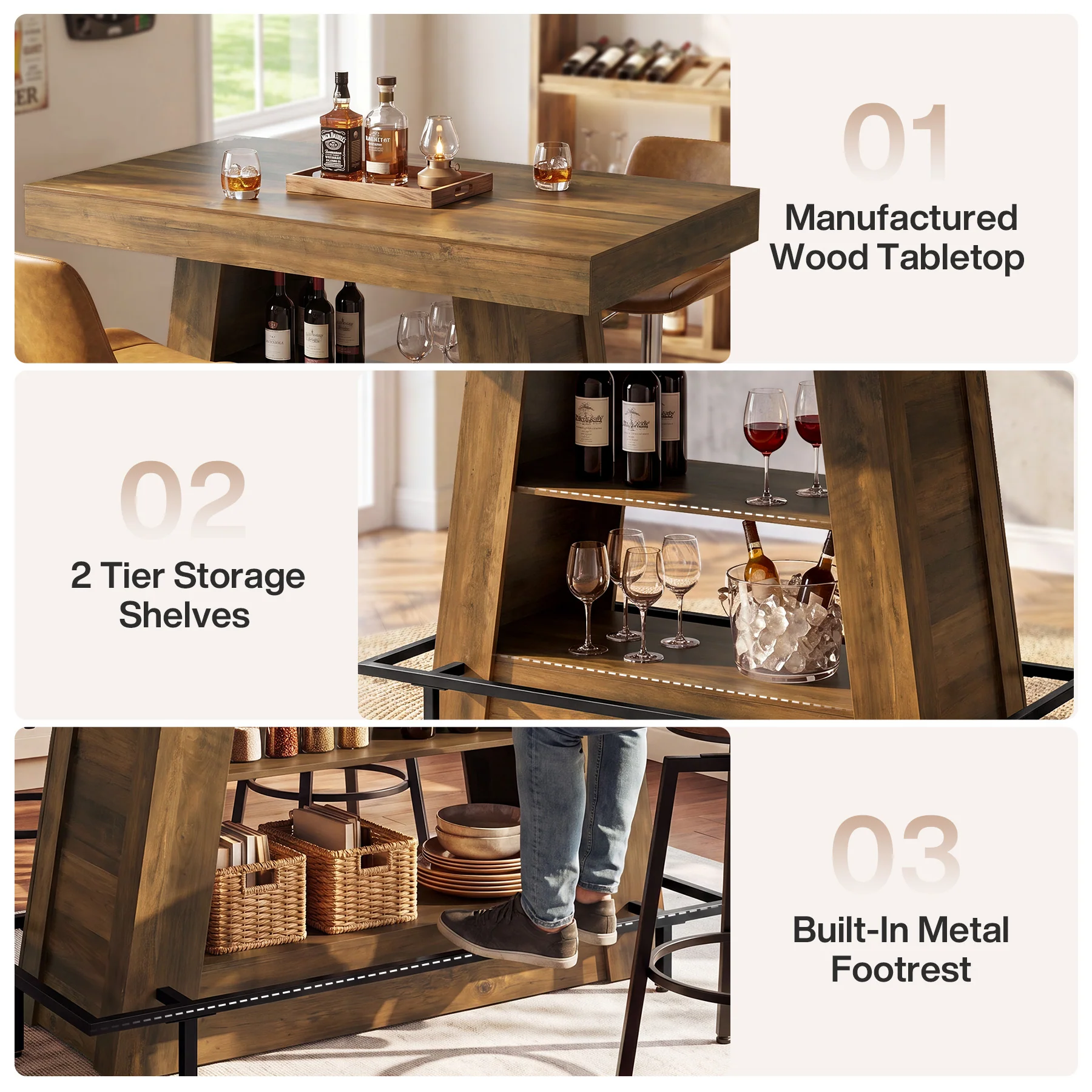 47.2" Rectangular Bar Table, Counter Height Bistro Table with 2-Tier Open Storage Shelves - Image 7