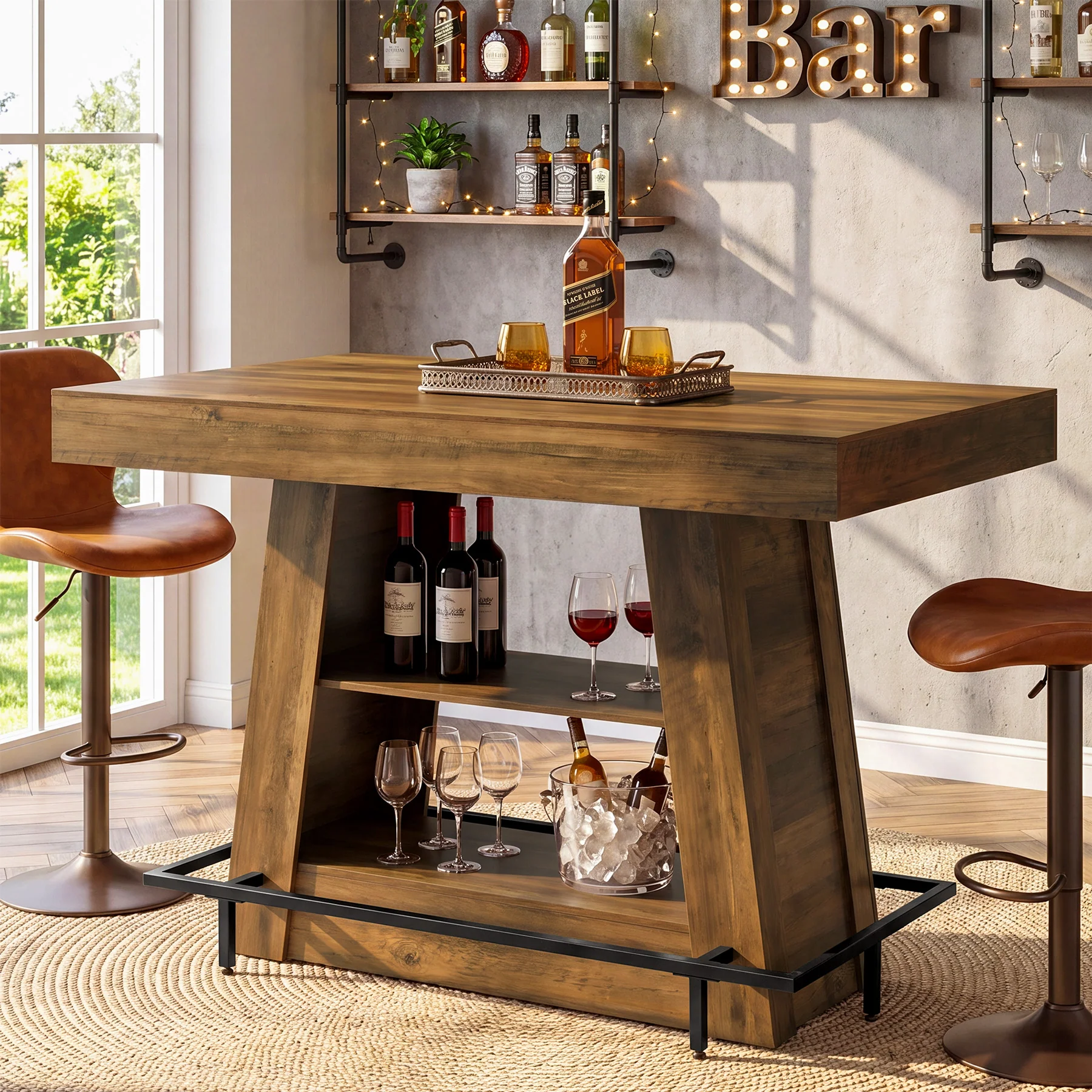 47.2" Rectangular Bar Table, Counter Height Bistro Table with 2-Tier Open Storage Shelves - Image 9