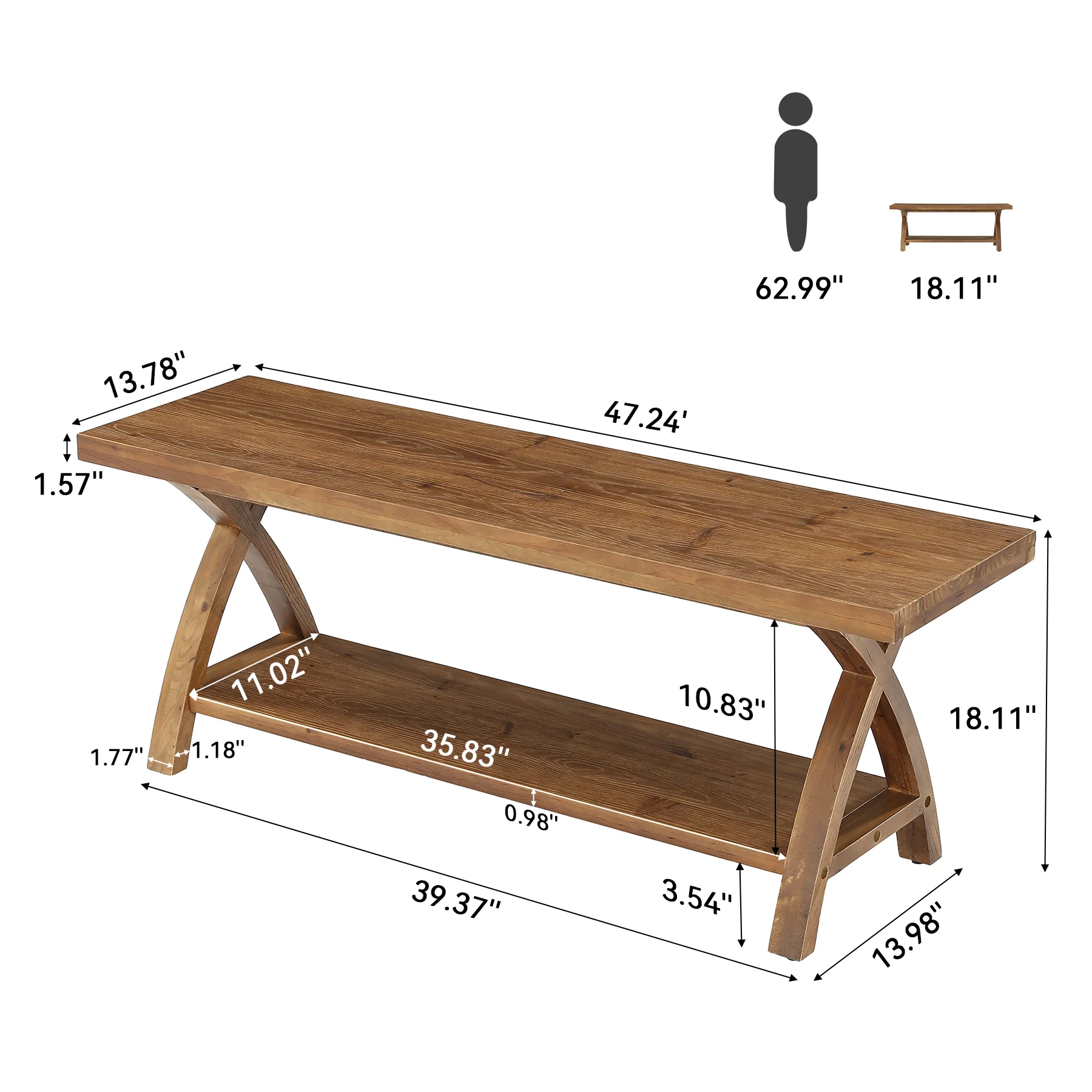 47.2-Inch Solid Wood Entryway Bench with Shoe Storage, 2-Tier Rustic Indoor End of Bed Bench - Image 2