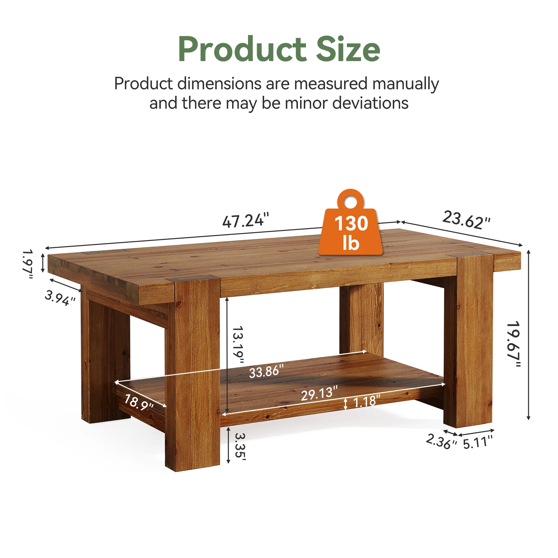 47.2" Solid Wood Coffee Table, Rectangle Center Table with 2-Tier Storage Shelf - Image 2