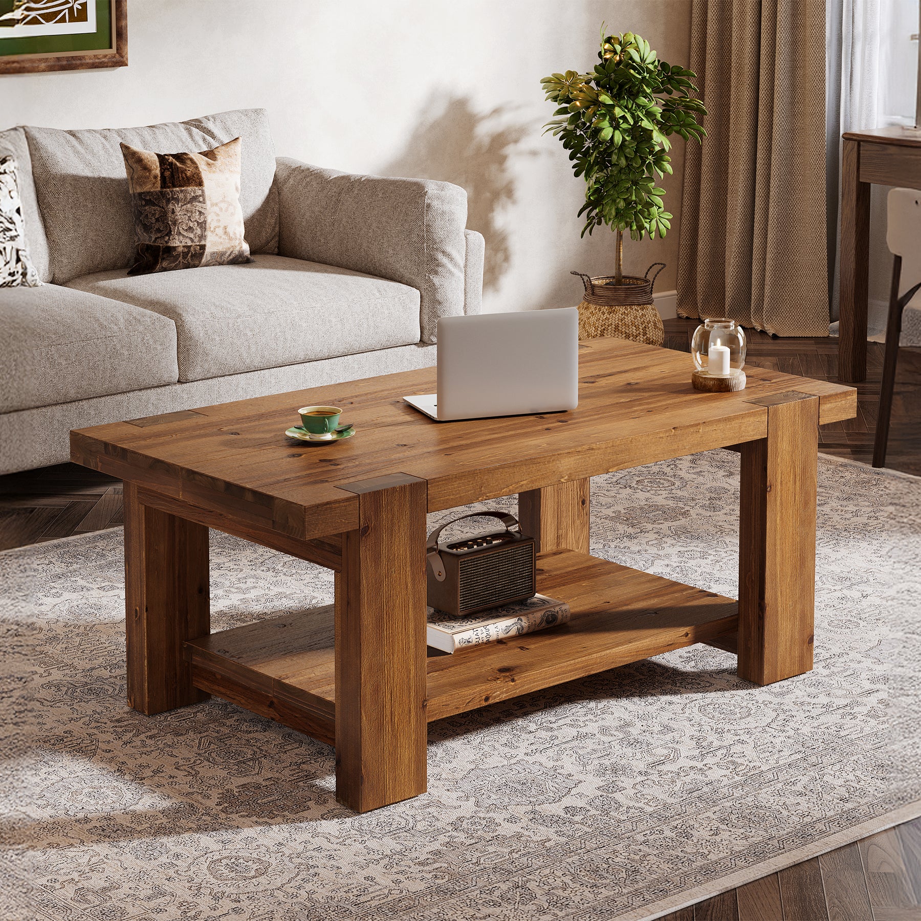 47.2" Solid Wood Coffee Table, Rectangle Center Table with 2-Tier Storage Shelf - Image 3