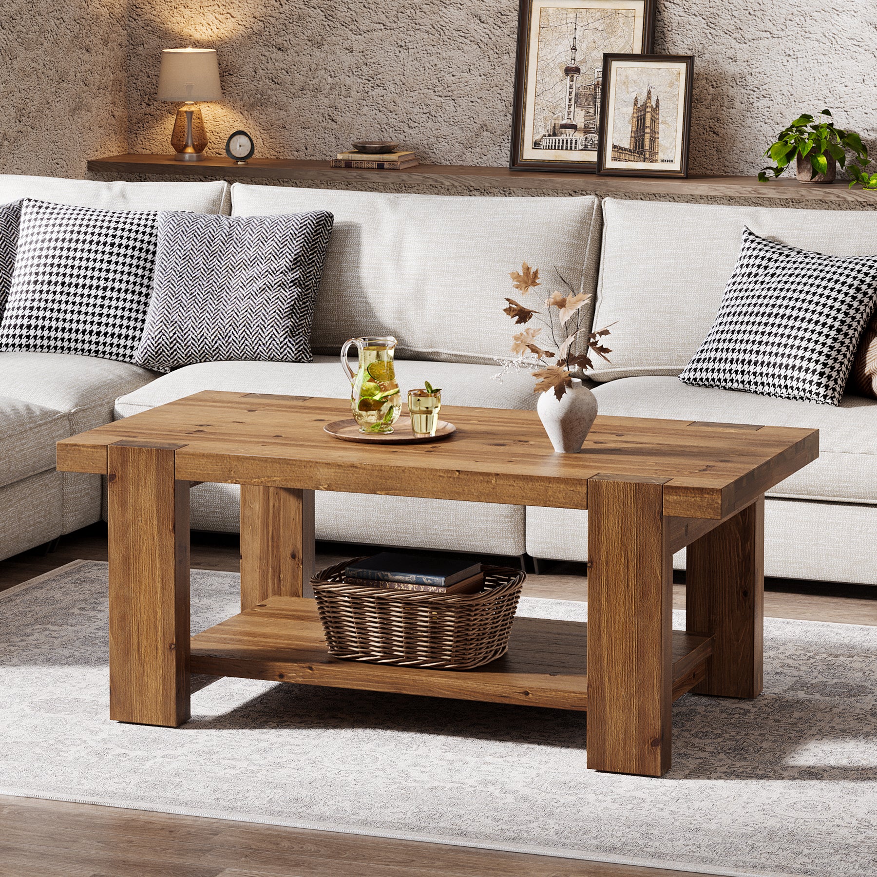 47.2" Solid Wood Coffee Table, Rectangle Center Table with 2-Tier Storage Shelf - Image 4