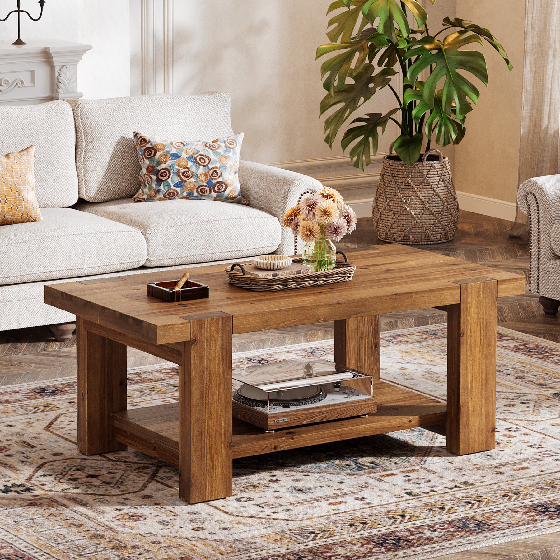 47.2" Solid Wood Coffee Table, Rectangle Center Table with 2-Tier Storage Shelf - Image 5