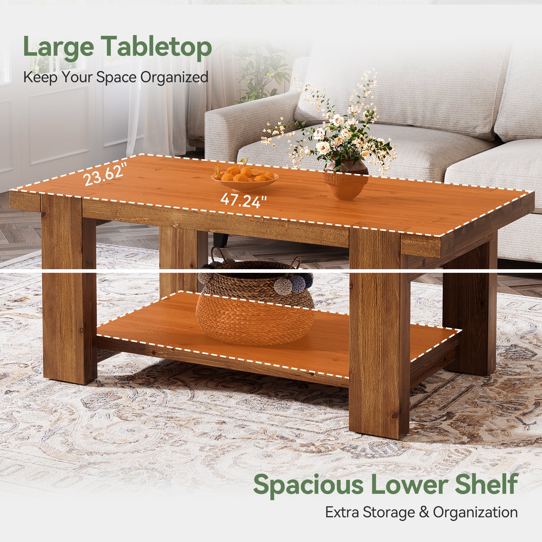 47.2" Solid Wood Coffee Table, Rectangle Center Table with 2-Tier Storage Shelf - Image 6