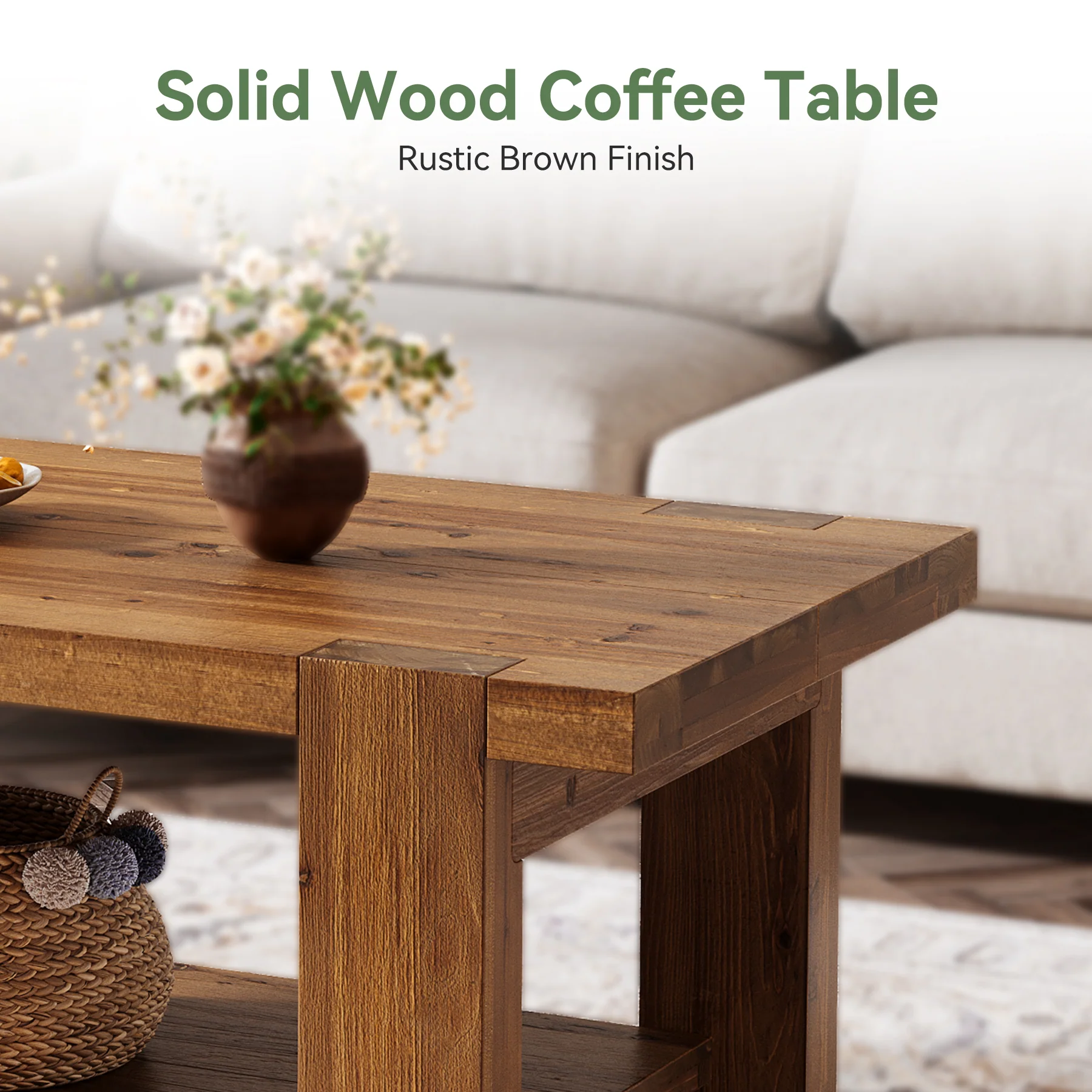 47.2" Solid Wood Coffee Table, Rectangle Center Table with 2-Tier Storage Shelf - Image 7