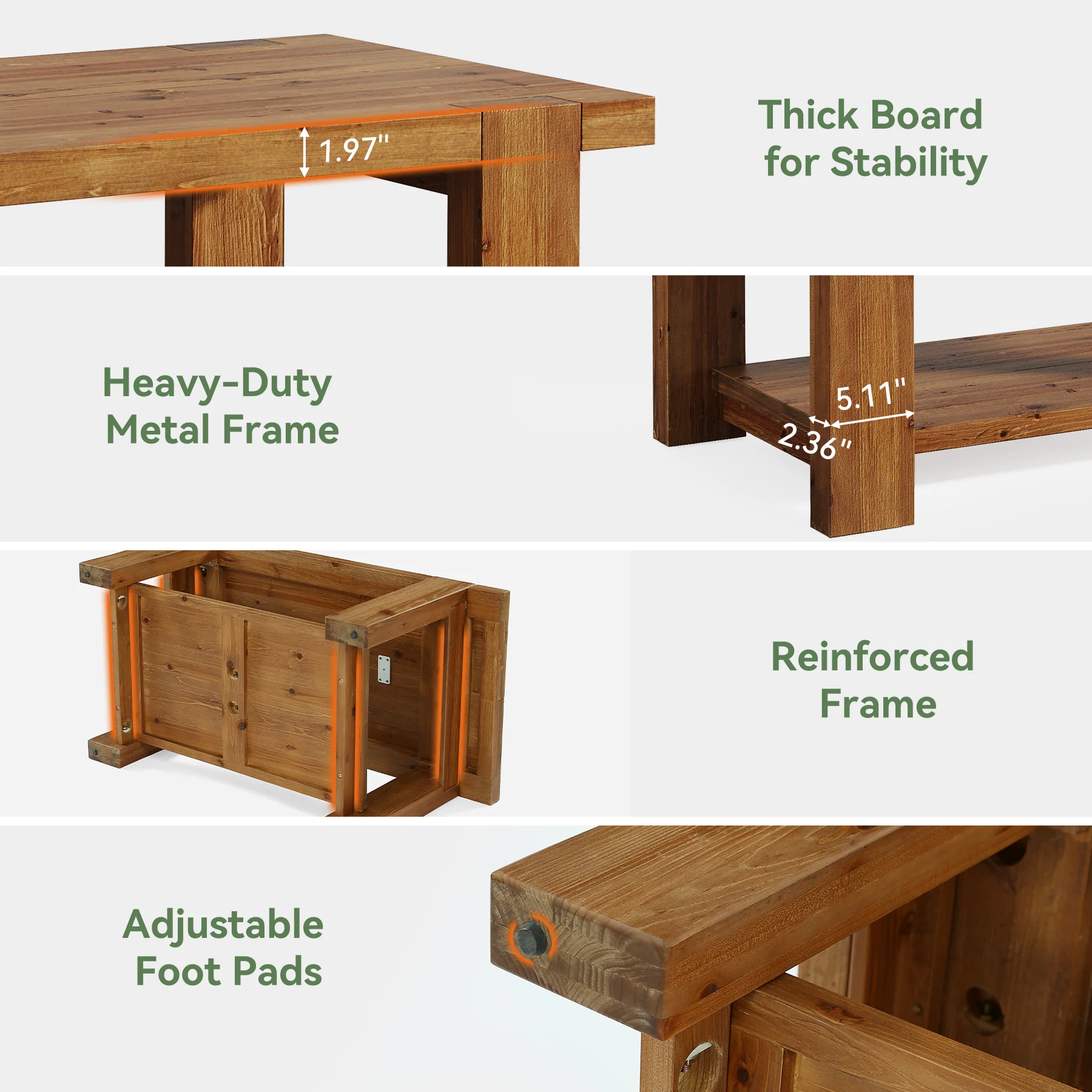 47.2" Solid Wood Coffee Table, Rectangle Center Table with 2-Tier Storage Shelf - Image 8