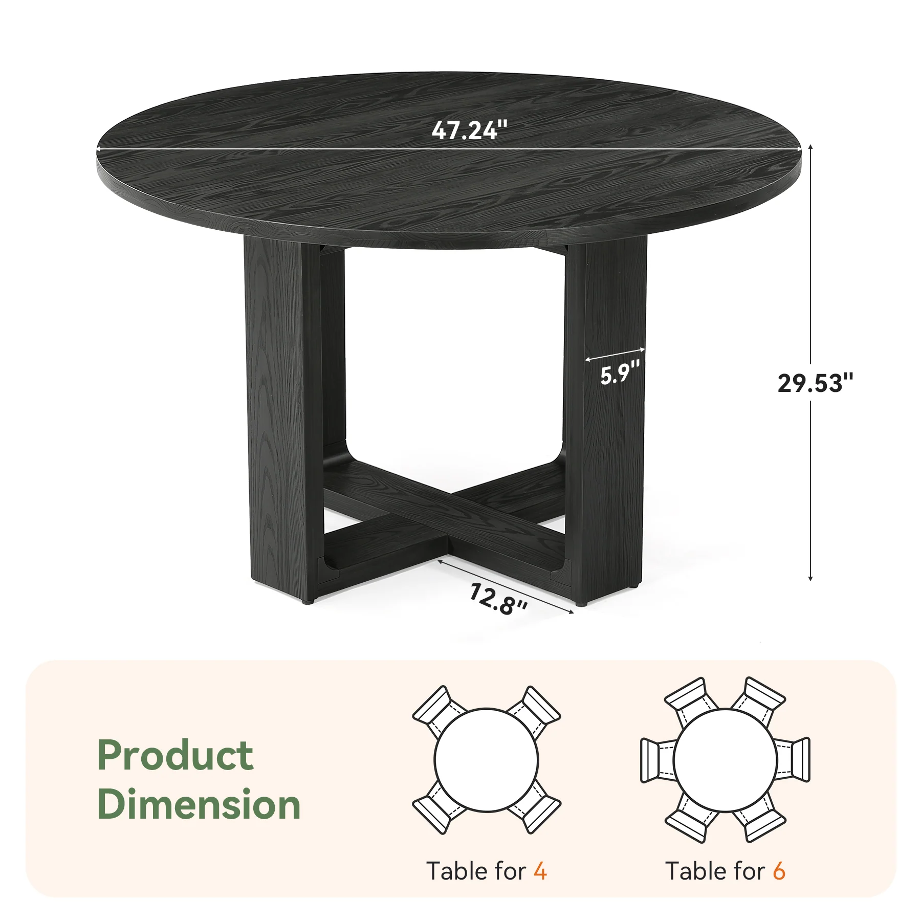 47.24" Black Solid Wood Conference Table, Round Meeting Table for 4–6 People with Cross-Shaped Base - Image 2