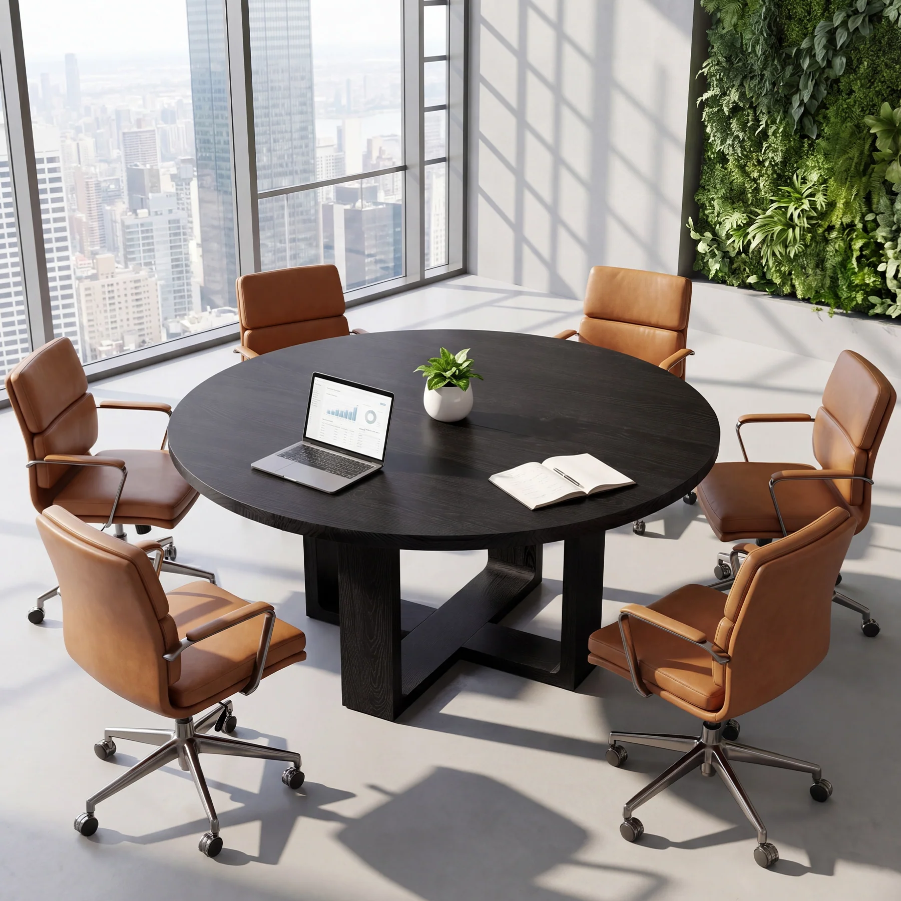 47.24" Black Solid Wood Conference Table, Round Meeting Table for 4–6 People with Cross-Shaped Base - Image 4