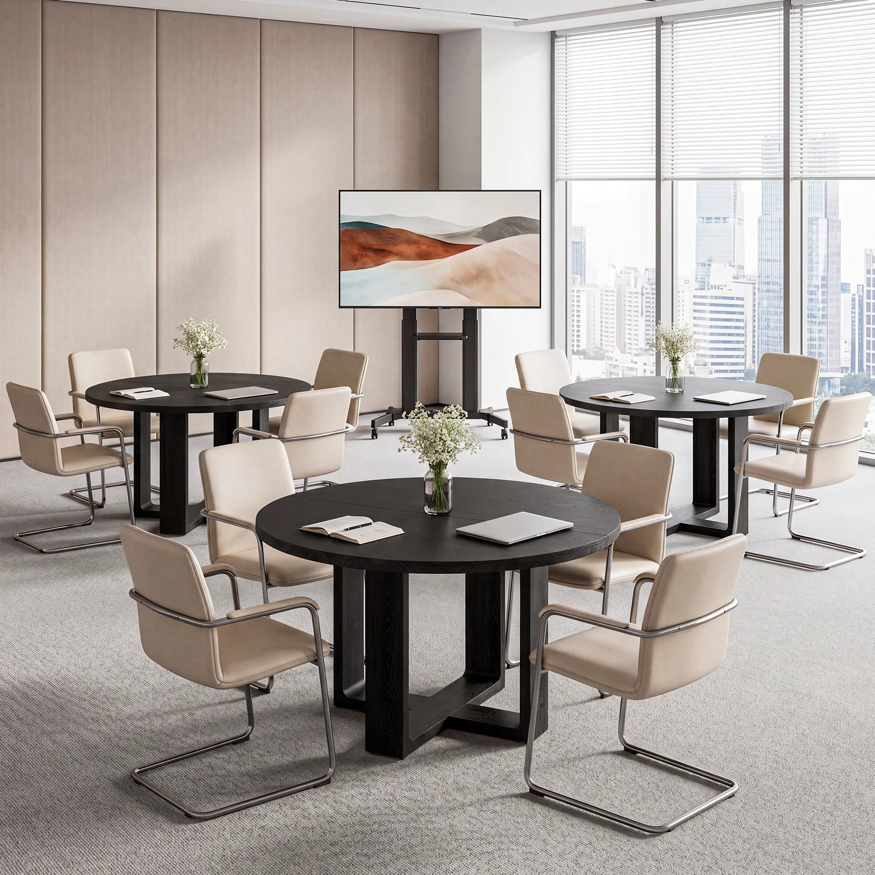 47.24" Black Solid Wood Conference Table, Round Meeting Table for 4–6 People with Cross-Shaped Base - Image 5