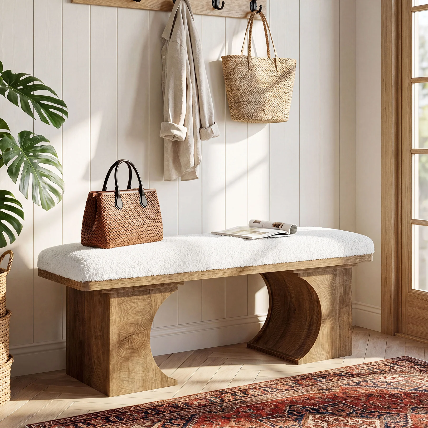 Tribesigns 47.24-Inch Upholstered Entryway Bench with Soft Cushion and Curved Wooden Legs, Modern Rustic Shoe Bench for Hallway and Living Room - Image 3