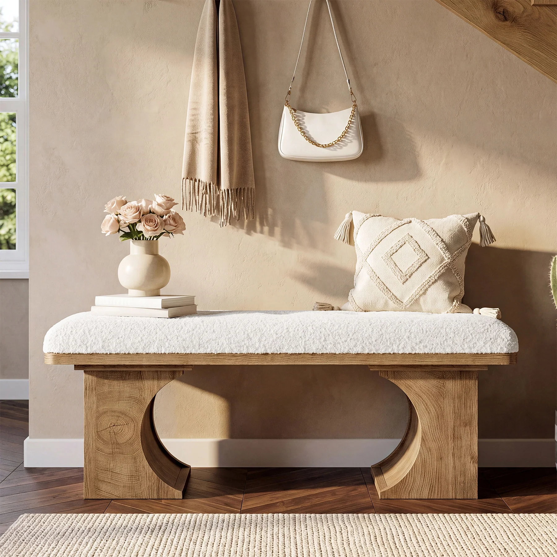 Tribesigns 47.24-Inch Upholstered Entryway Bench with Soft Cushion and Curved Wooden Legs, Modern Rustic Shoe Bench for Hallway and Living Room - Image 8