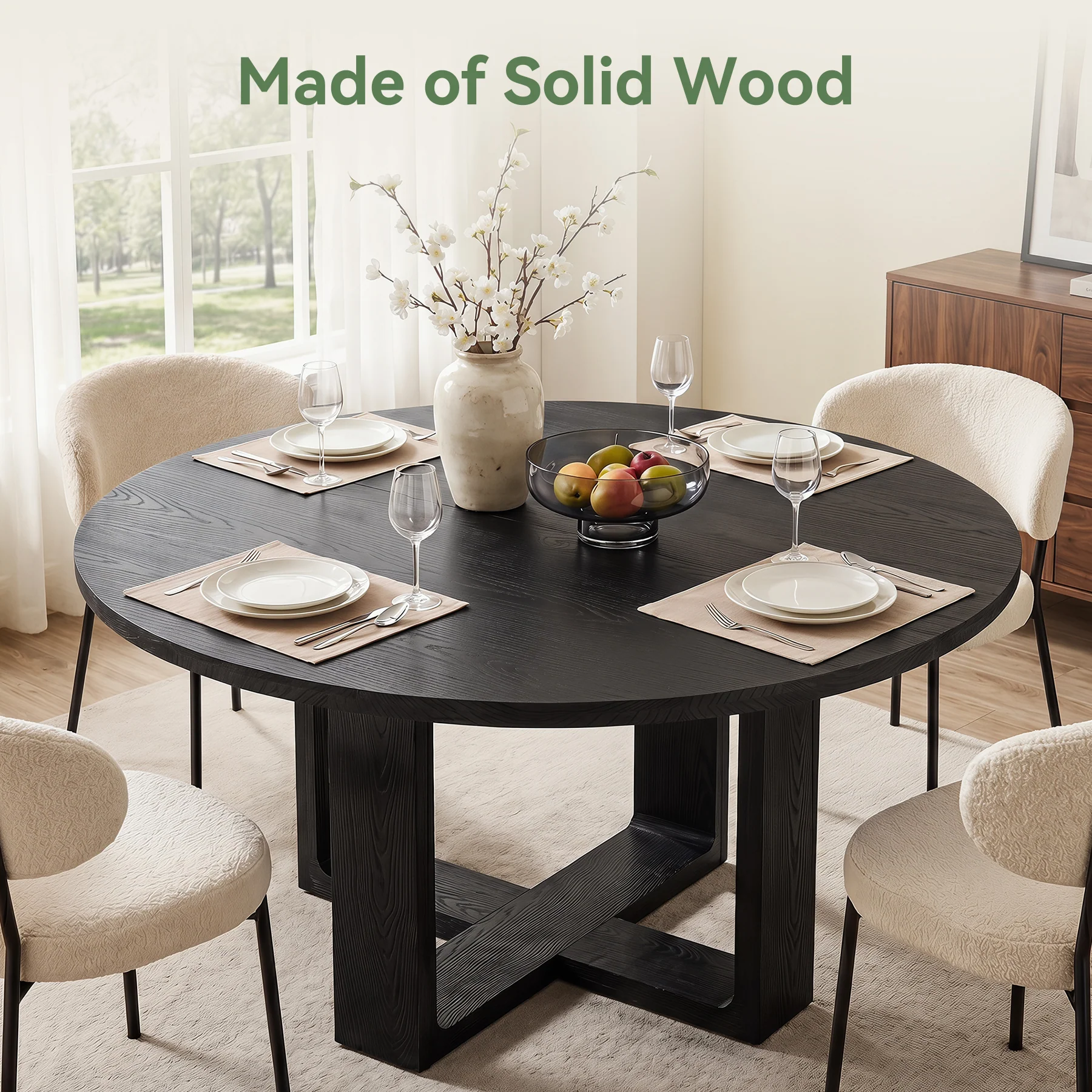 47.24" Round Solid Wood Dining Table, Black Kitchen Table for 4–6 with Cross-Shaped Base - Image 5