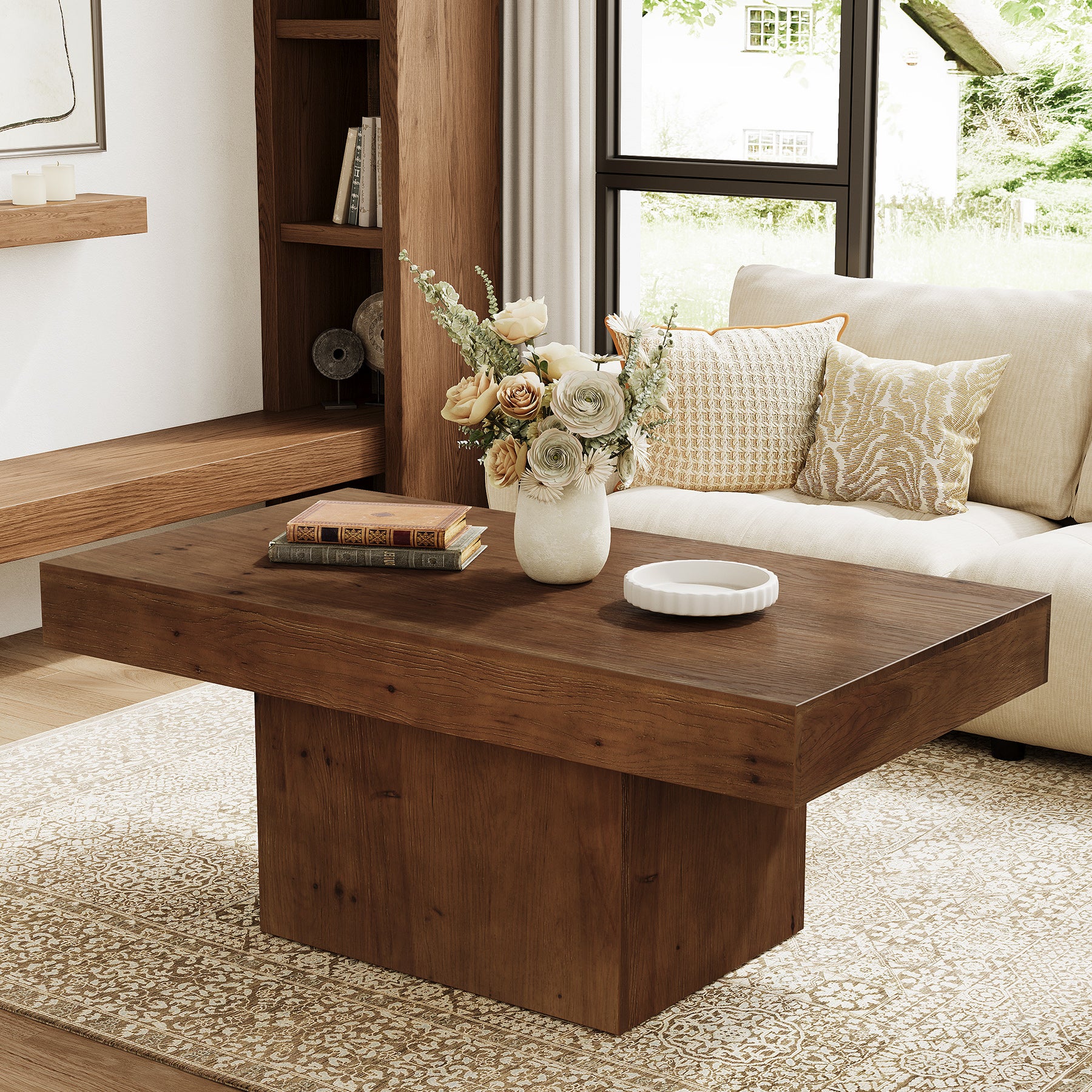 47.24" Solid Wood Coffee Table, Rectangle Center Table with Sturdy Pedestal - Image 3
