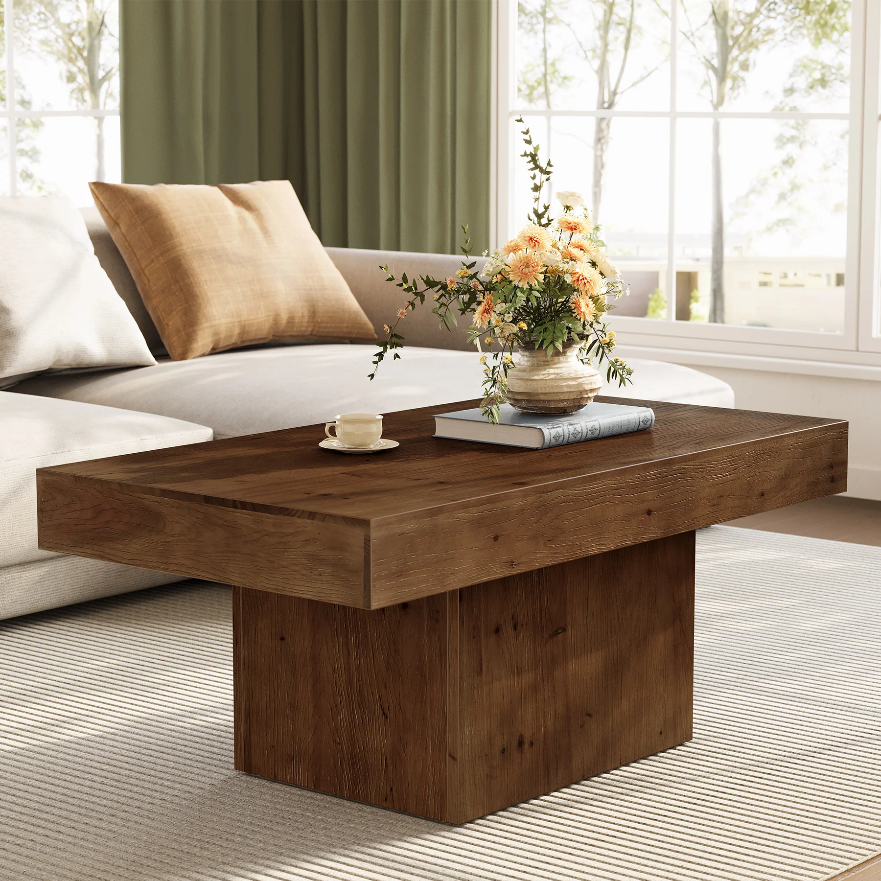 47.24" Solid Wood Coffee Table, Rectangle Center Table with Sturdy Pedestal - Image 4