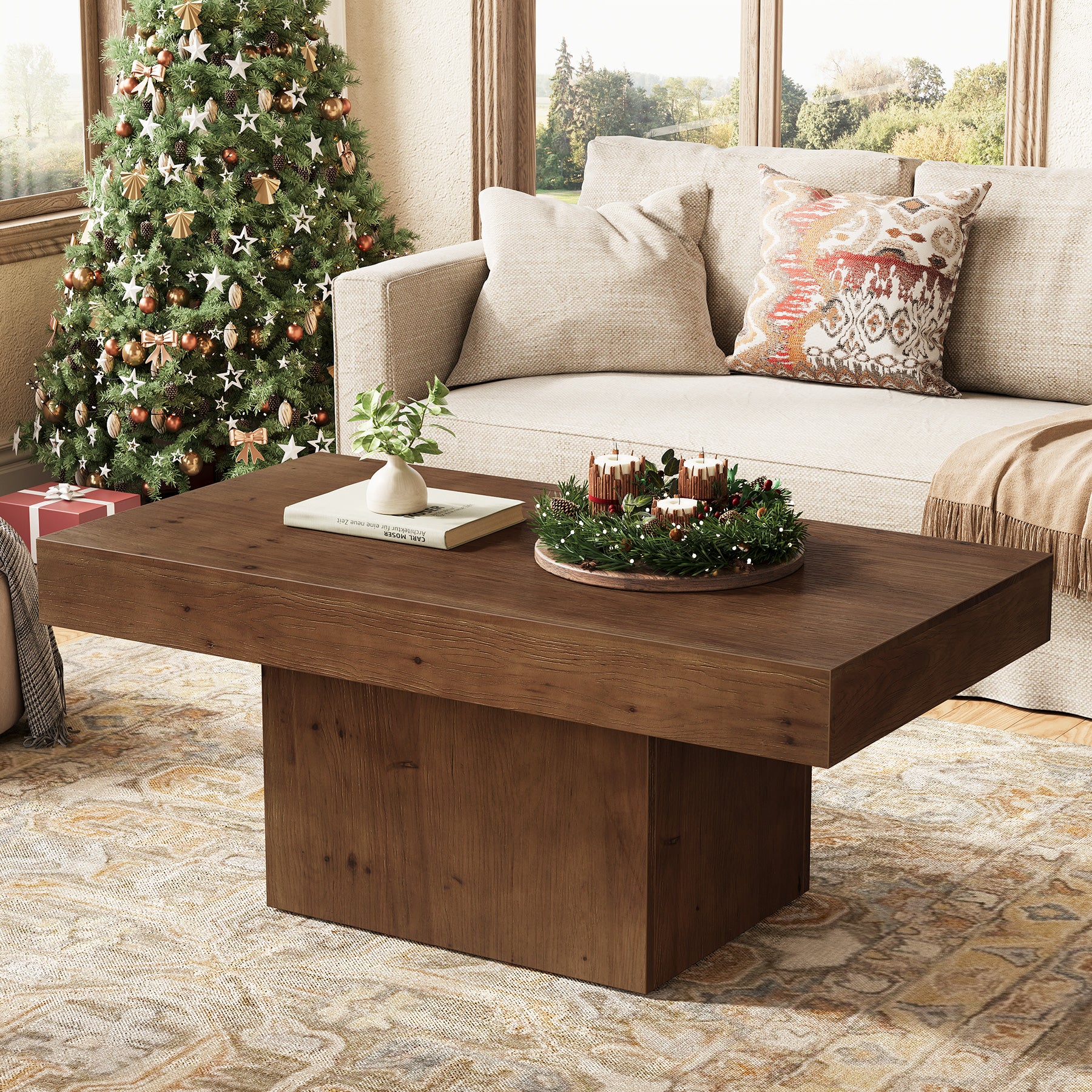 47.24" Solid Wood Coffee Table, Rectangle Center Table with Sturdy Pedestal - Image 5