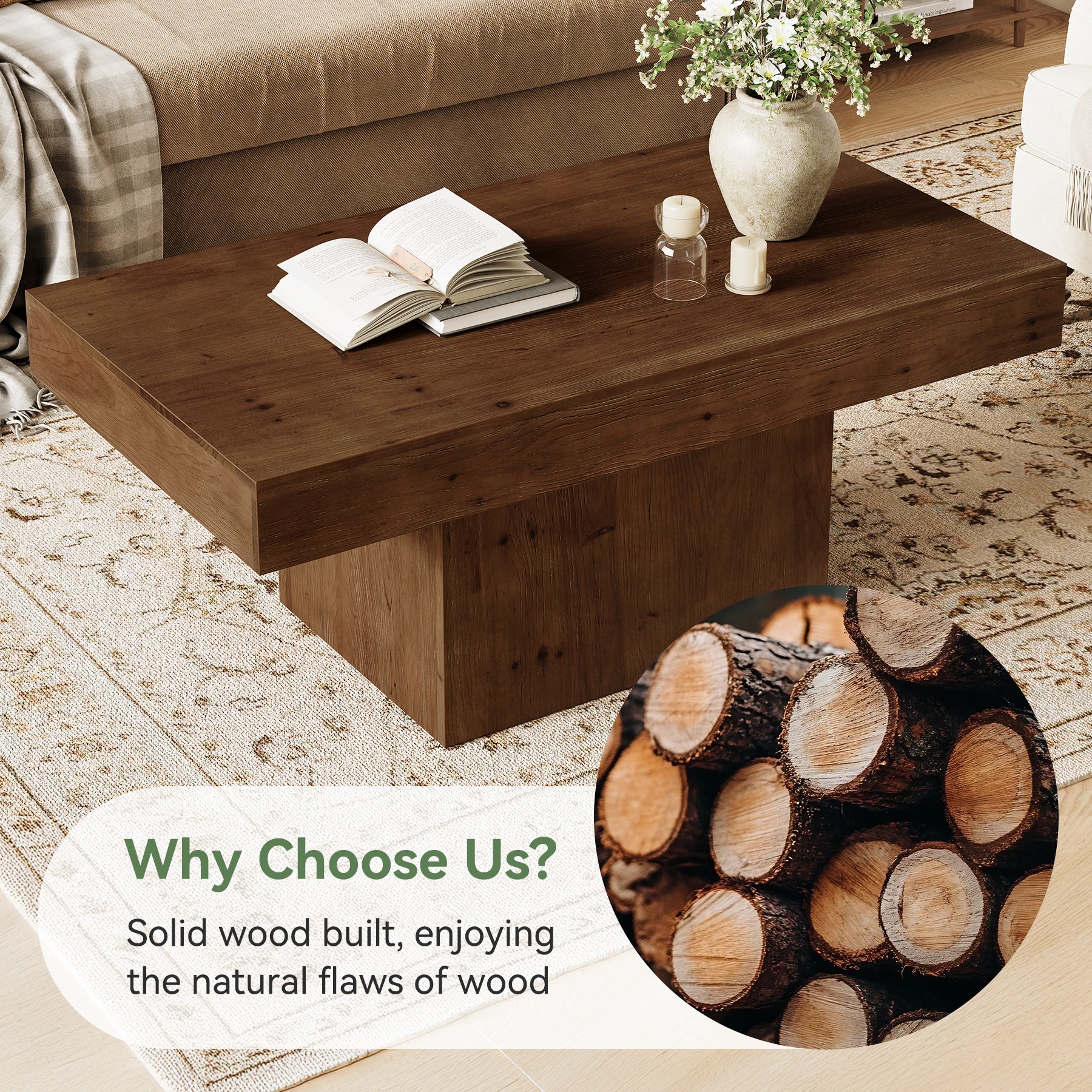 47.24" Solid Wood Coffee Table, Rectangle Center Table with Sturdy Pedestal - Image 7